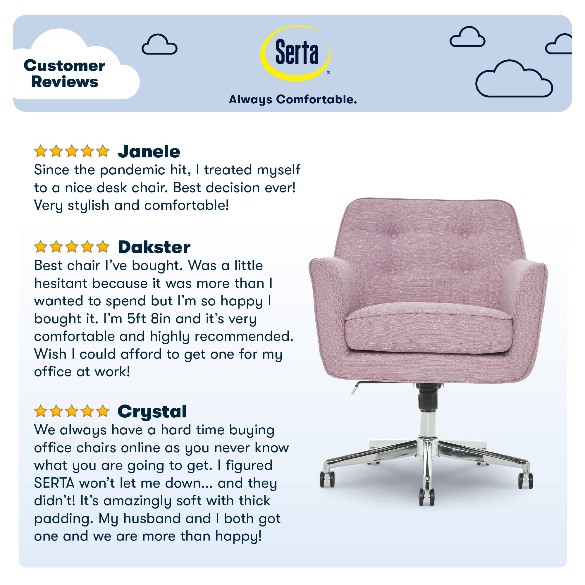 Customer Reviews Serta Always Comfortable. Janele Since the pandemic hit, | treated myself to a nice desk chair. Best decision ever! Very stylish and comfortable! Dakster Best chair I've bought. Was a little hesitant because it was more than I wanted to spend but I'm so happy | bought it. I'm 5ft 8in and it's very comfortable and highly recommended. Wish | could afford to get one for my office at work! Crystal We always have a hard time buying office chairs online as you never know what you are going to get. I figured SERTA won't let me down... and they didn't! It's amazingly soft with thick padding. My husband and I both got one and we are more than happy!