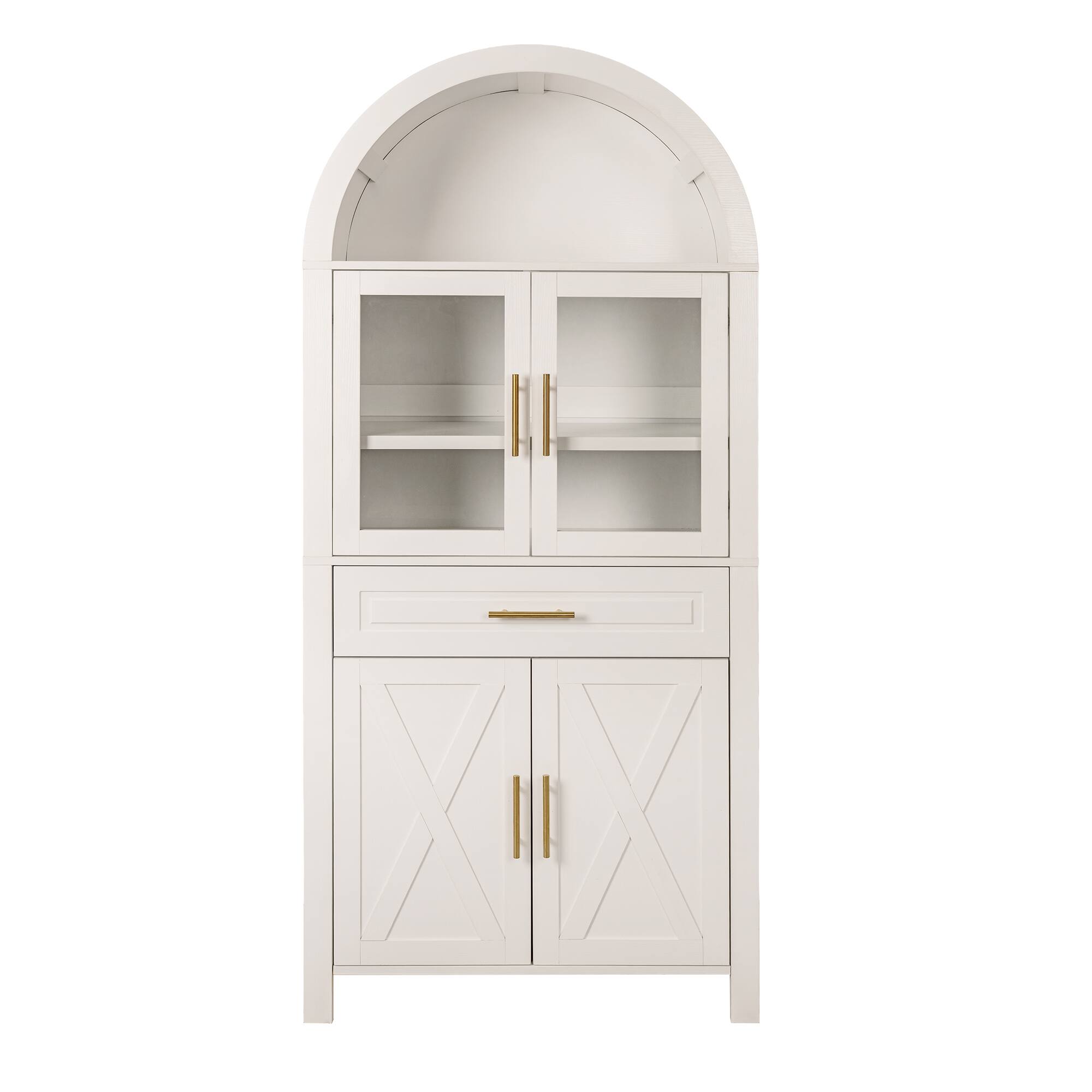 Alt View 9. Loheer - Loheer Arched Kitchen Pantry Cabinet, White Farmhouse Storage Cabinet with Glass Doors, Drawer, Adjustable Shelves - White.