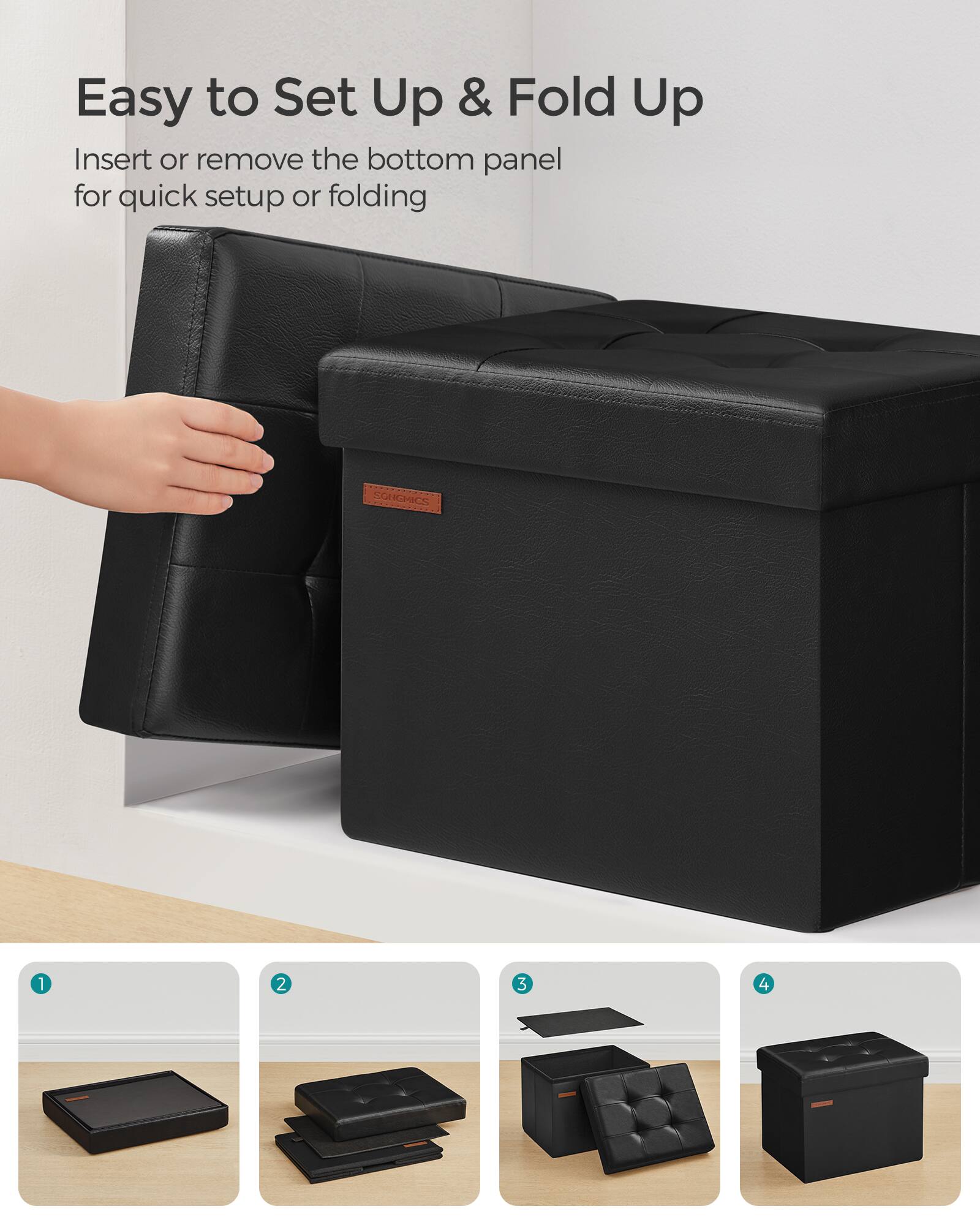 Easy to Set Up & Fold Up

Insert or remove the bottom panel for quick setup or folding

1. 2. 3. 4.
