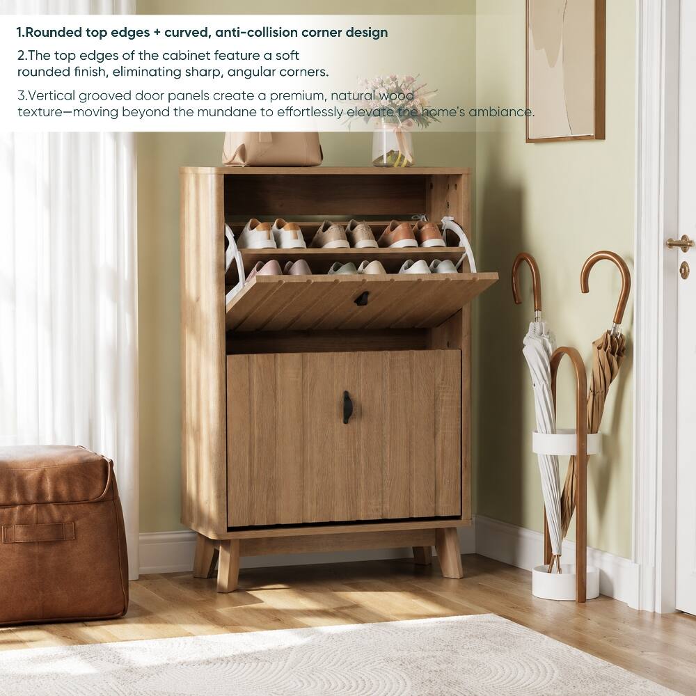 1. Rounded top edges + curved, anti-collision corner design
2. The top edges of the cabinet feature a soft rounded finish, eliminating sharp, angular corners.
3. Vertical grooved door panels create a premium, natural wood texture—moving beyond the mundane to effortlessly elevate the home's ambiance.