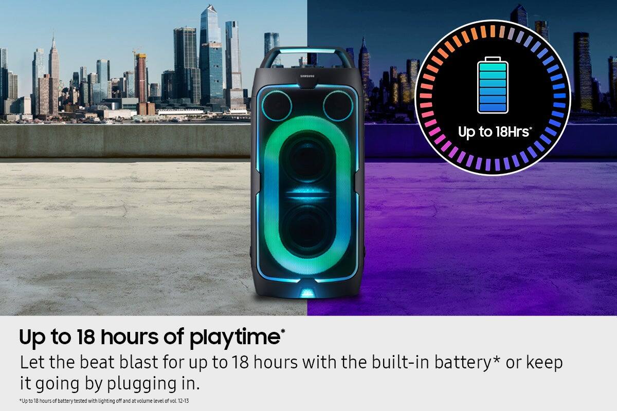 Up to 18 hours of playtime*

Let the beat blast for up to 18 hours with the built-in battery* or keep it going by plugging in.

*Up to 18 hours of battery tested with lighting off and at volume level of vol. 12-13
