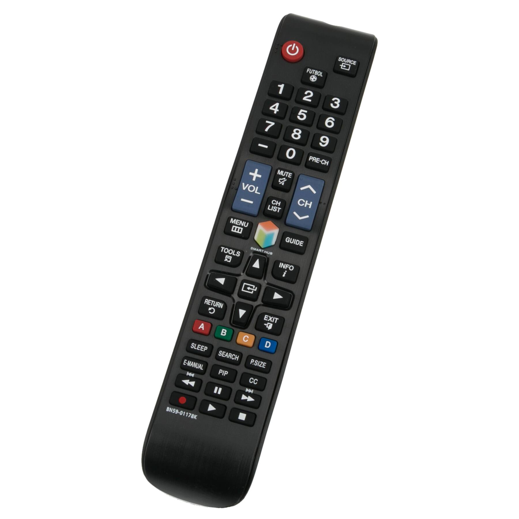 SOURCE  
FUTBOL  
1 2 3 4 5 6 7 8 9 0  
PRE-CH  
MUTE  
VOL + -  
CH LIST  
CH  
GUIDE  
MENU  
TOOLS  
INFO  
RETURN  
EXIT  
A B C D  
SLEEP  
SEARCH  
E-MANUAL  
PIP  
CC  
P.SIZE  
BN59-01178K