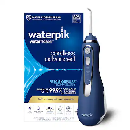 1 WATER FLOSSER BRAND RECOMMENDED BY DENTAL PROFESSIONALS ADA Accepted American Dental Association waterpik waterflosser cordless advanced MODE HIGH MEDIUM LOW - PRECISIONPULSE TECHNOLOGY REMOVES UP TO 99.9% OF PLAQUE BACTERIA from treated areas 360° ultra quiet + rechargeable 4 TIPS 3 SAFE & EFFECTIVE PRESSURE SETTINGS 360° TIP ROTATION EASILY REACHES WHOLE MOUTH 45 SECONDS OF WATER CAPACITY 2 YEAR WARRANTY - WATER FLOSSER 4 TIPS / MAGNETIC USB-A CHARGING CABLE / TIP STORAGE CASE / TRAVEL BAG / TRAVEL PLUG