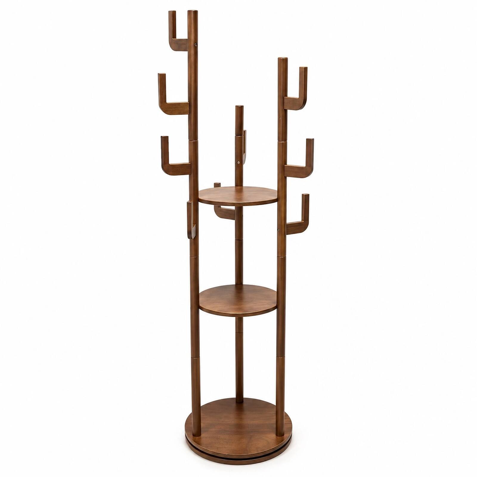 Alt View 6. MERAVOM - Coat Rack Freestanding, Solid Wood Rotary Coat Rack with 3 Storage Shelves & 9 Hooks, Coat Tree for Bedroom, Living room - Walnut.
