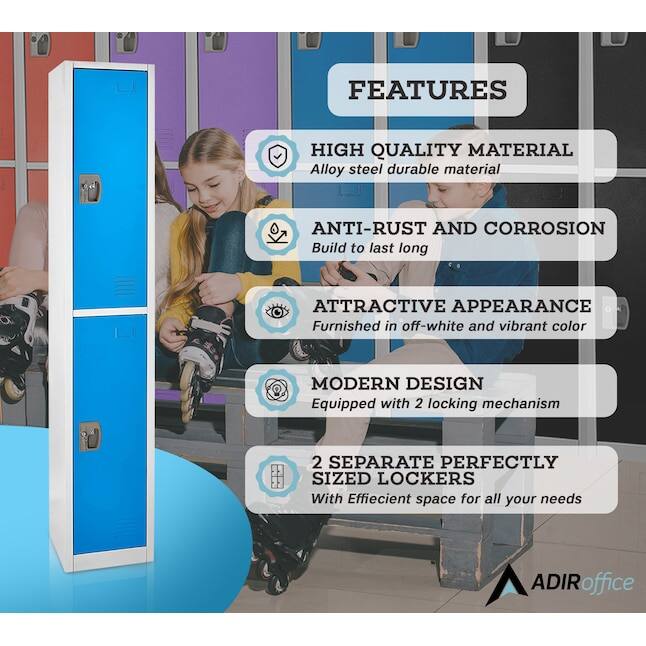 FEATURES

HIGH QUALITY MATERIAL
Alloy steel durable material

ANTI-RUST AND CORROSION
Build to last long

ATTRACTIVE APPEARANCE
Furnished in off-white and vibrant color

MODERN DESIGN
Equipped with 2 locking mechanism

2 SEPARATE PERFECTLY SIZED LOCKERS
With Effiecient space for all your needs

ADIRoffice