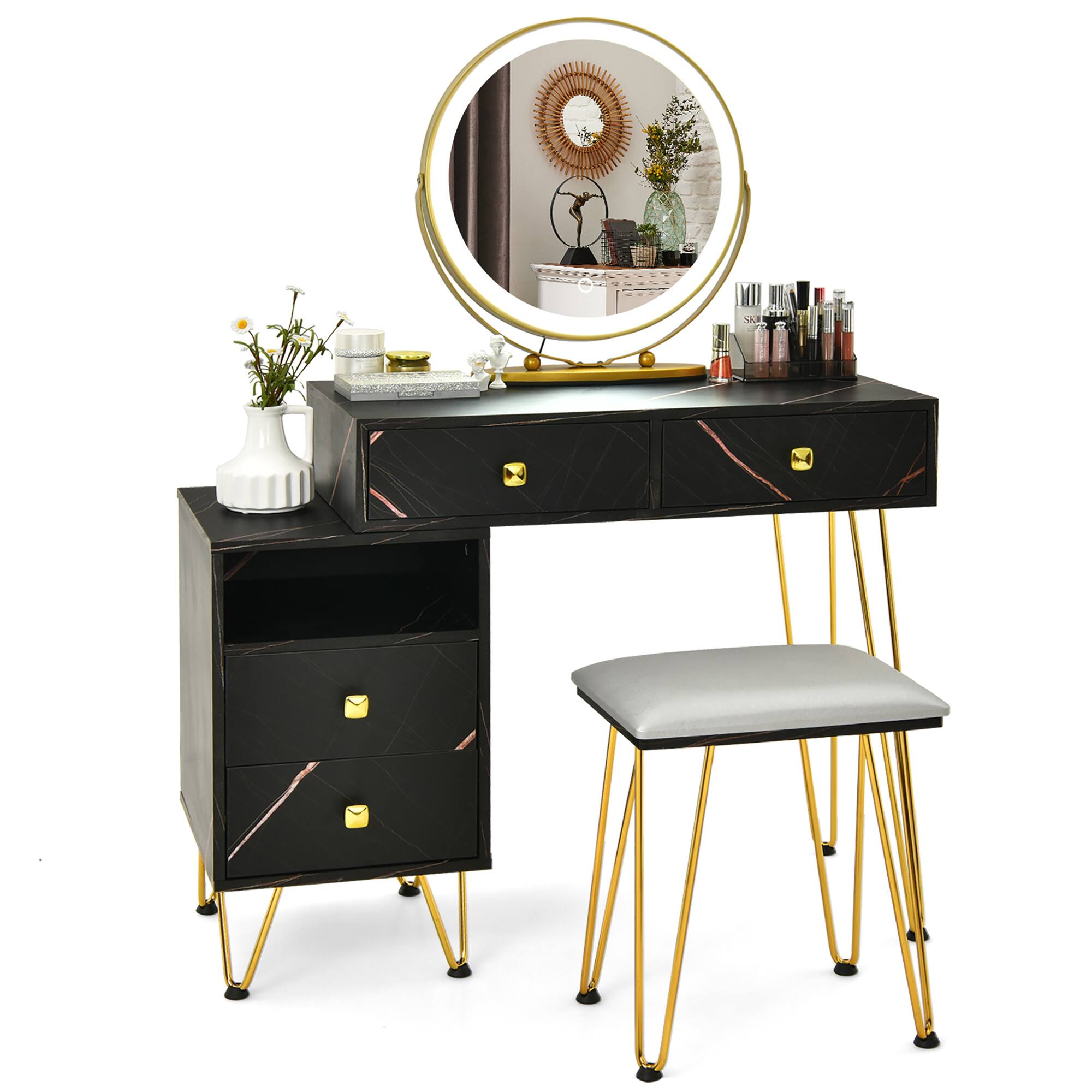 Front. Costway - Costway Vanity Table Stool Set Dimmer LED Mirror Large Storage Cabinet Drawer - Black.