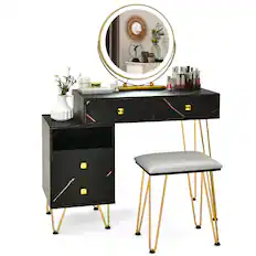 Front. Costway - Costway Vanity Table Stool Set Dimmer LED Mirror Large Storage Cabinet Drawer - Black.