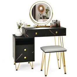 Costway - Vanity Table Stool Set Dimmer LED Mirror Large Storage Cabinet Drawer - Black