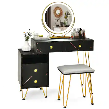 Front. Costway - Costway Vanity Table Stool Set Dimmer LED Mirror Large Storage Cabinet Drawer - Black.