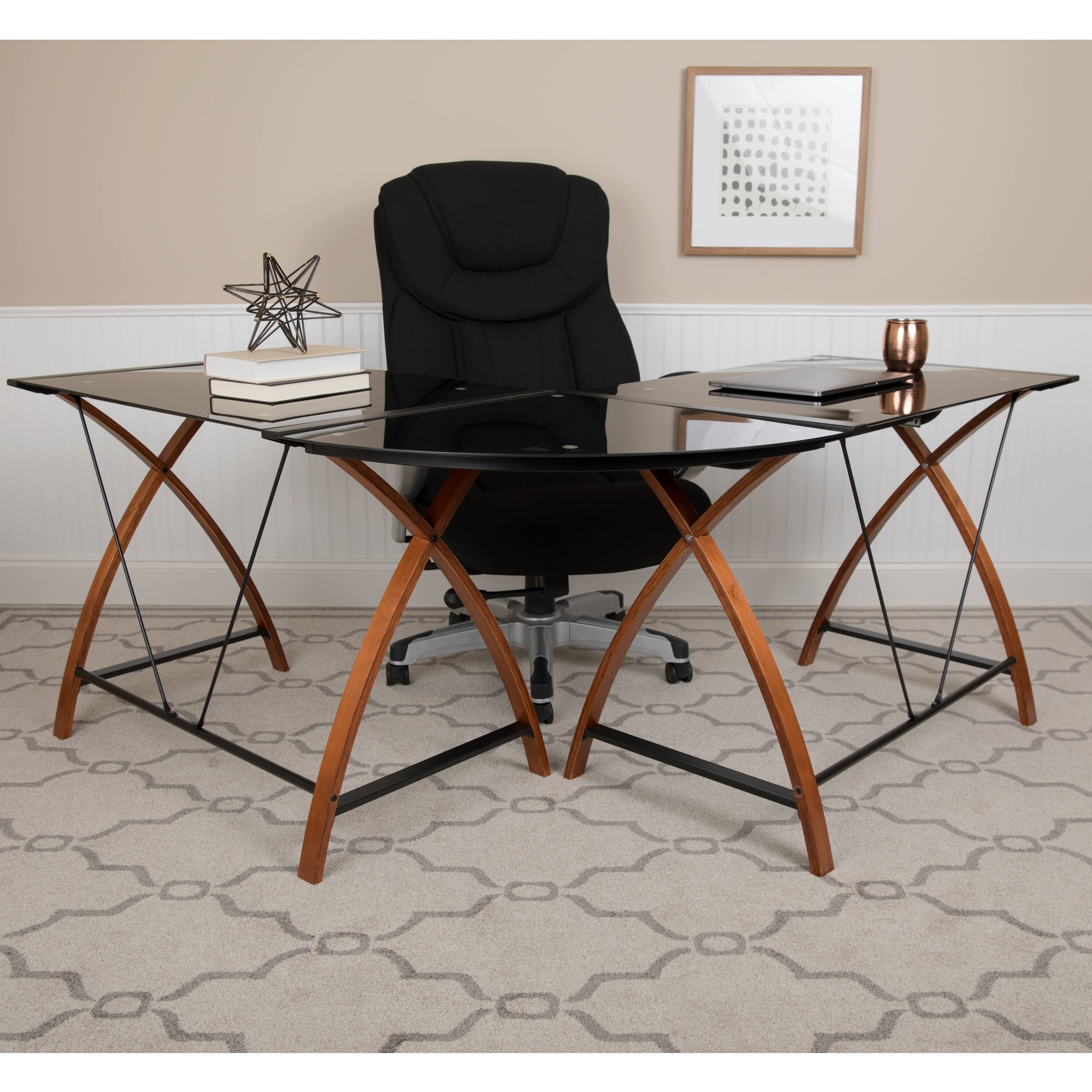 Alt View 1. Emma + Oliver - Glass L-Shape Corner Computer Desk with Pull-Out Keyboard Tray - Black Top/Cherry Frame.