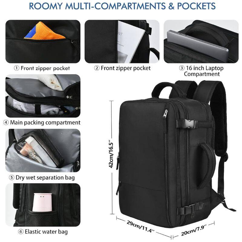 ROOMY MULTI-COMPARTMENTS & POCKETS
1. Front zipper pocket
2. Front zipper pocket
3. 16 inch Laptop Compartment
4. Main packing compartment
5. Dry wet separation bag
6. Elastic water bag
42cm/16.5"
29cm/11.4"
20cm/7.9"