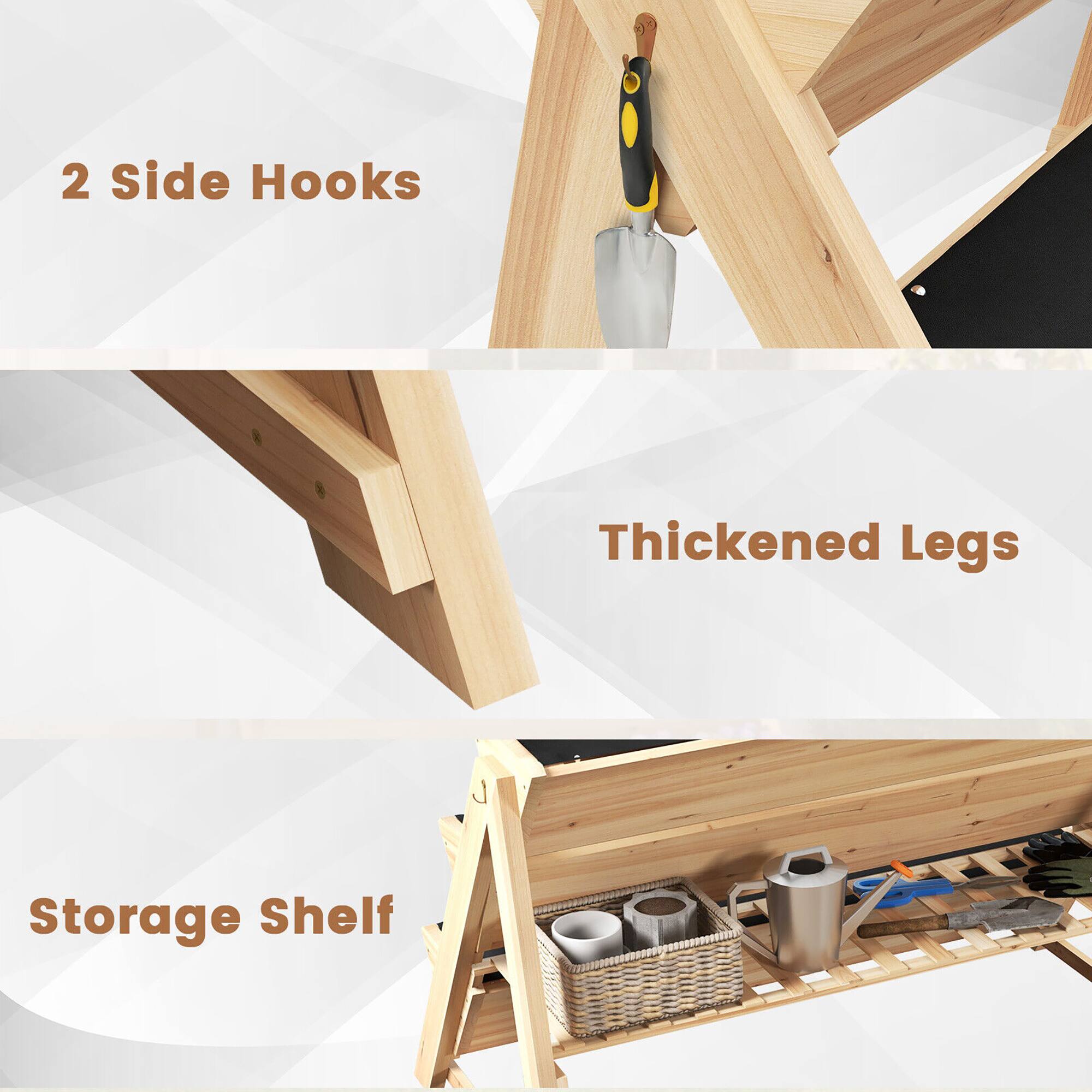 2 Side Hooks  
Thickened Legs  
Storage Shelf