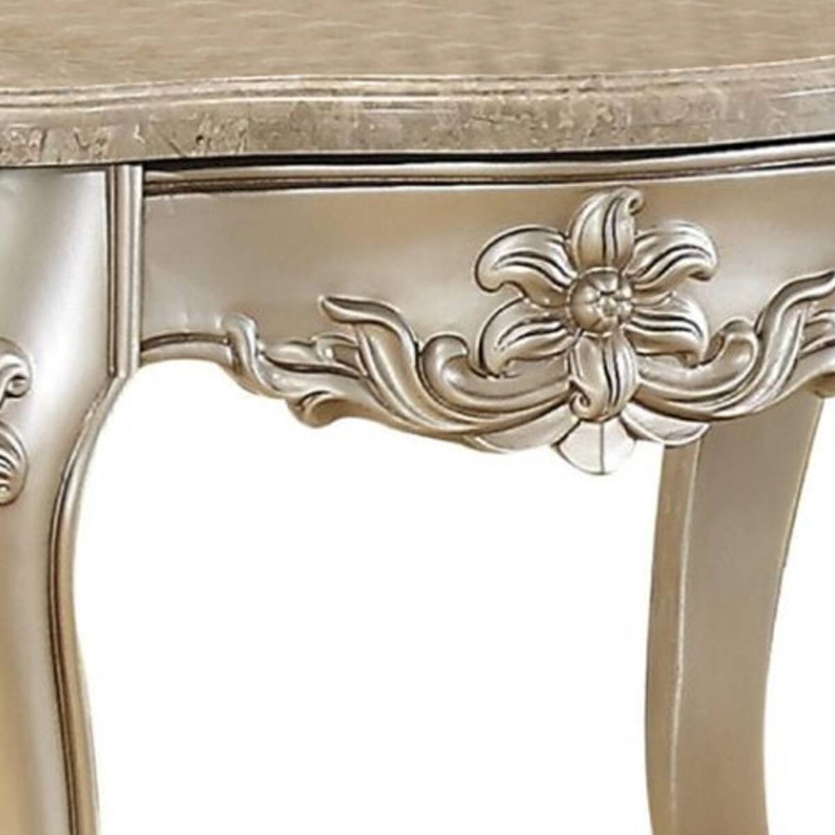 Alt View 2. Manhattan Lane - Marble Top End Table With Flower Motif Engraved Angular Wood Feet - Silver.