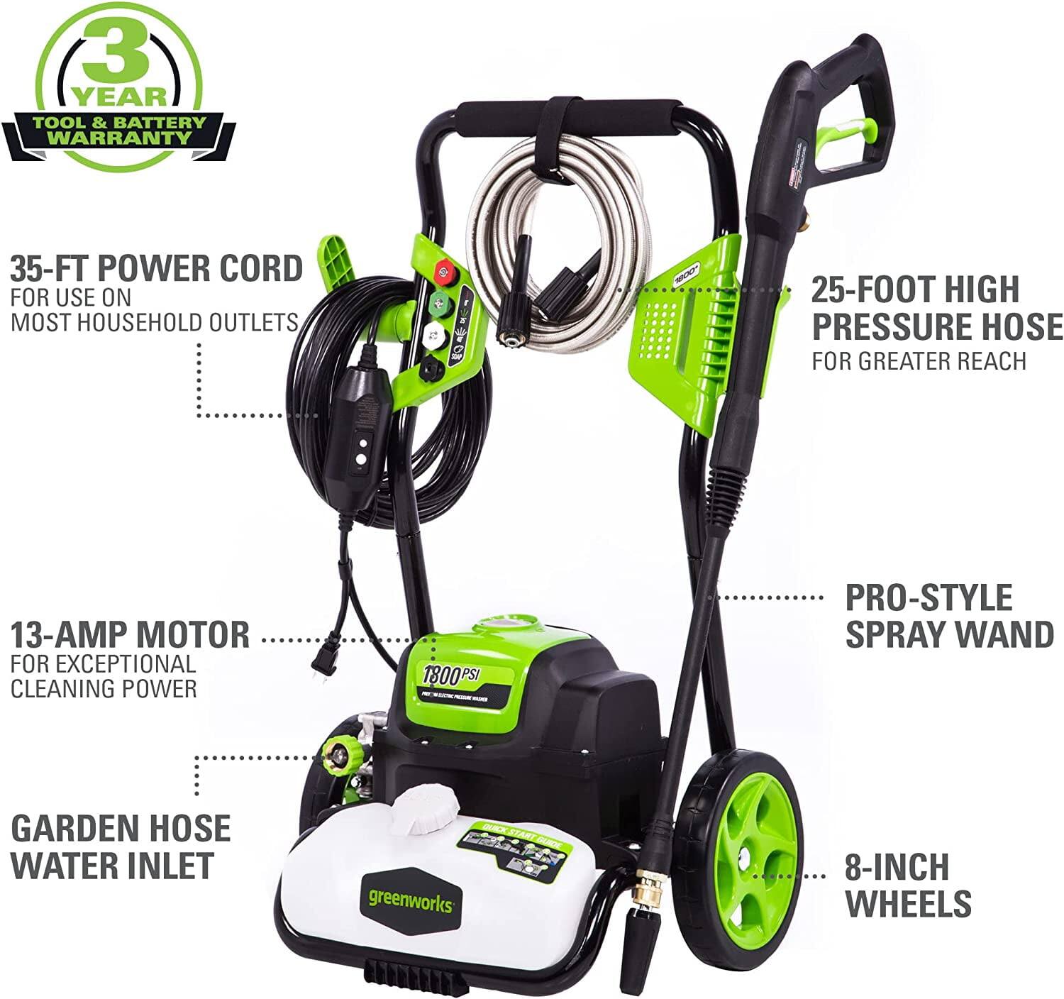- 3 YEAR TOOL & BATTERY WARRANTY
- 35-FT POWER CORD FOR USE ON MOST HOUSEHOLD OUTLETS
- 25-FOOT HIGH PRESSURE HOSE FOR GREATER REACH
- 13-AMP MOTOR FOR EXCEPTIONAL CLEANING POWER
- 1800 PSI PRO-STYLE SPRAY WAND
- GARDEN HOSE WATER INLET
- 8-INCH WHEELS