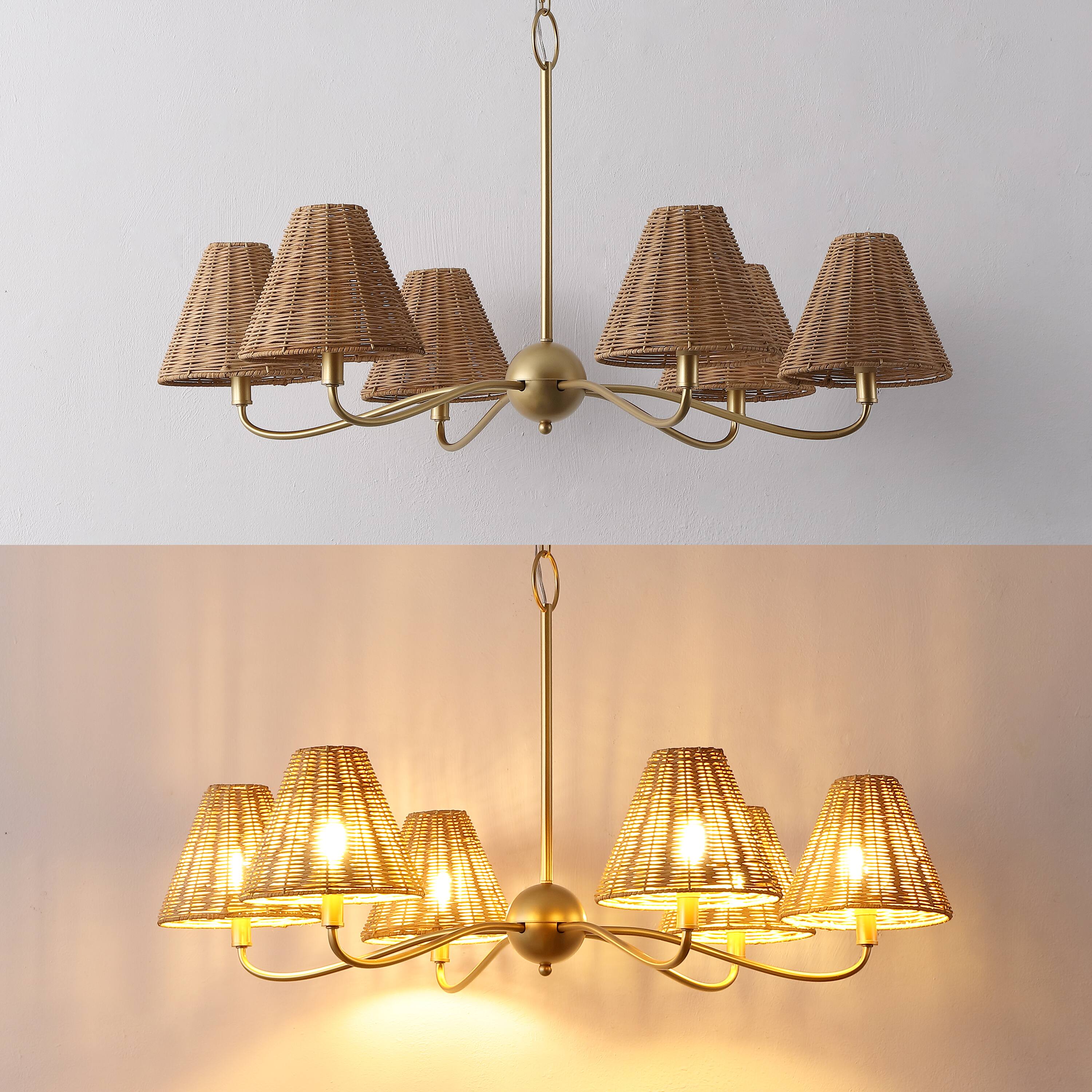 Alt View 3. Jonathan Y - Grady 35" 6-Light Adjustable Swooping Arm Metal with Hand-Woven Rattan Shades LED Chandelier, Gold Painting/Brown - Gold Painting.