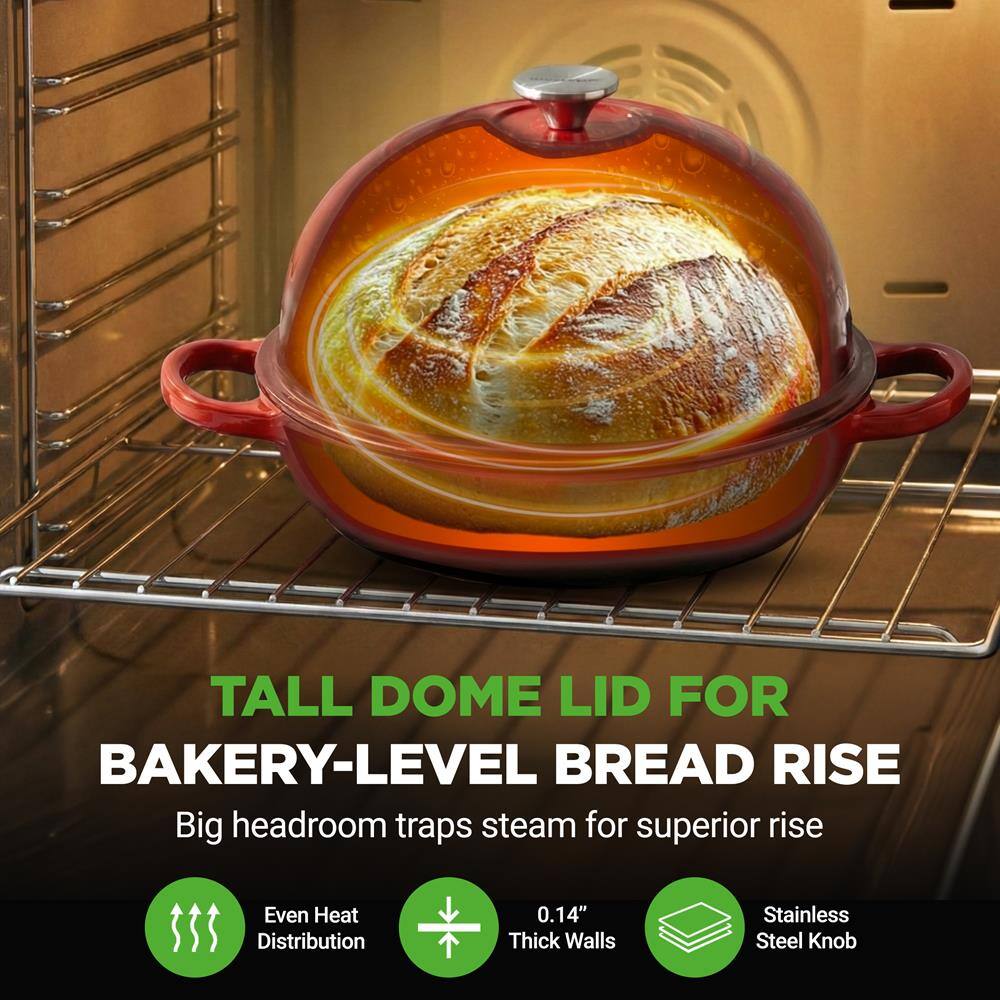 TALL DOME LID FOR BAKERY-LEVEL BREAD RISE  
Big headroom traps steam for superior rise  
Even Heat Distribution  
0.14" Thick Walls  
Stainless Steel Knob
