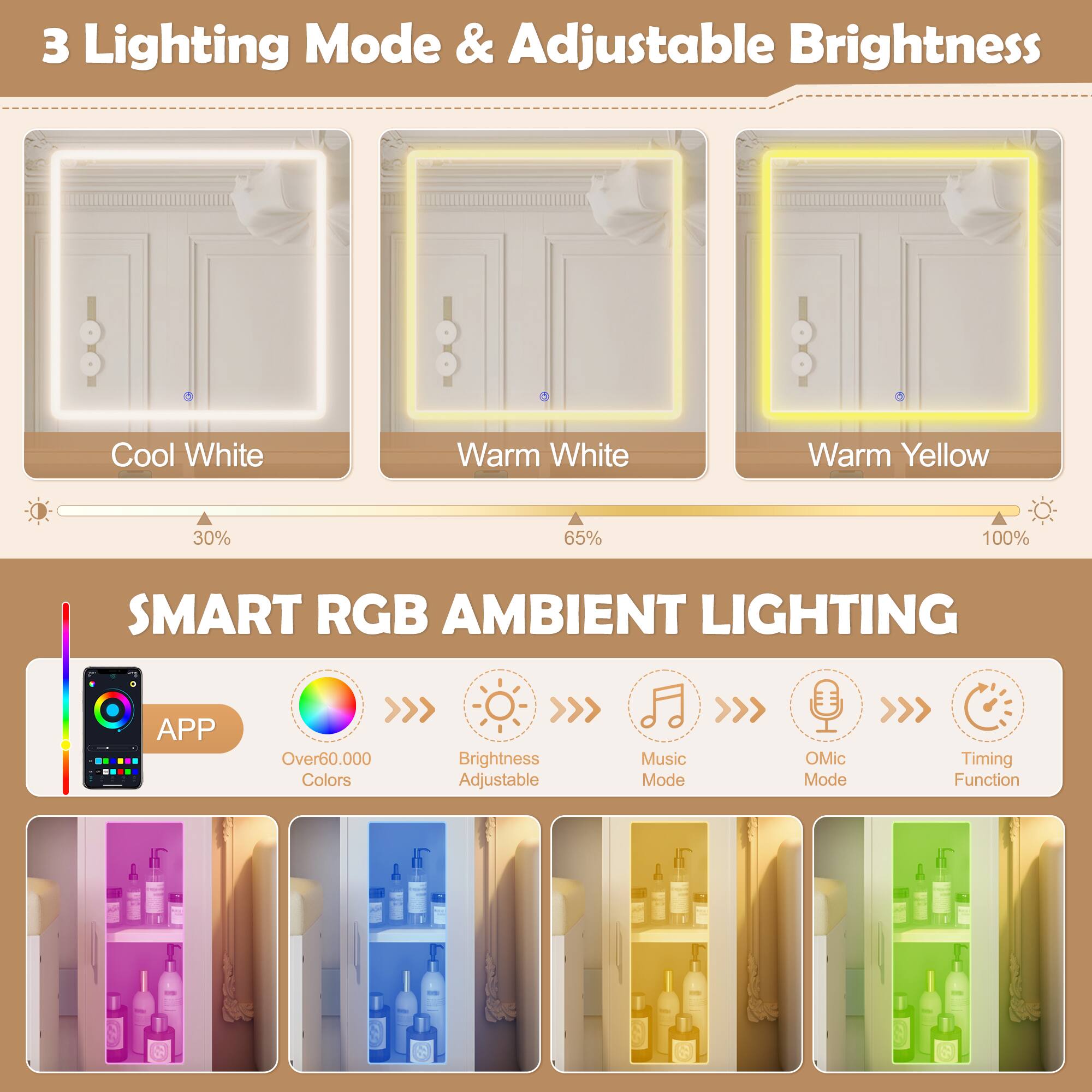 3 Lighting Mode & Adjustable Brightness  
Cool White 30%  
Warm White 65%  
Warm Yellow 100%  

SMART RGB AMBIENT LIGHTING  
APP  
Over 60,000 Colors  
Brightness Adjustable  
Music Mode  
OMic Mode  
Timing Function