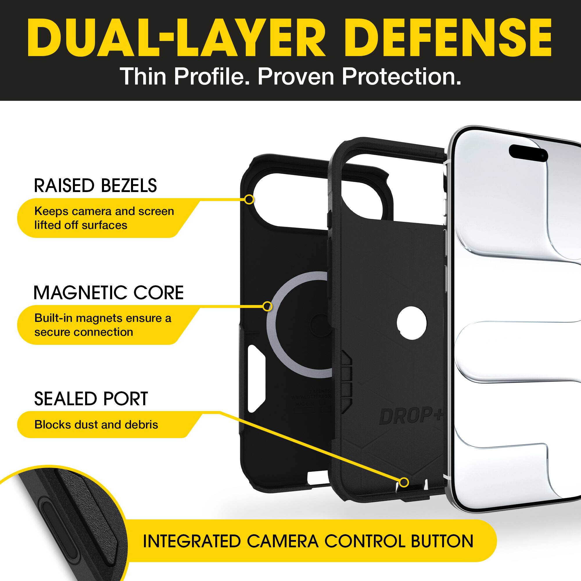 DUAL-LAYER DEFENSE  
Thin Profile. Proven Protection.

- RAISED BEZELS  
  Keeps camera and screen lifted off surfaces

- MAGNETIC CORE  
  Built-in magnets ensure a secure connection

- SEALED PORT  
  Blocks dust and debris

- INTEGRATED CAMERA CONTROL BUTTON
