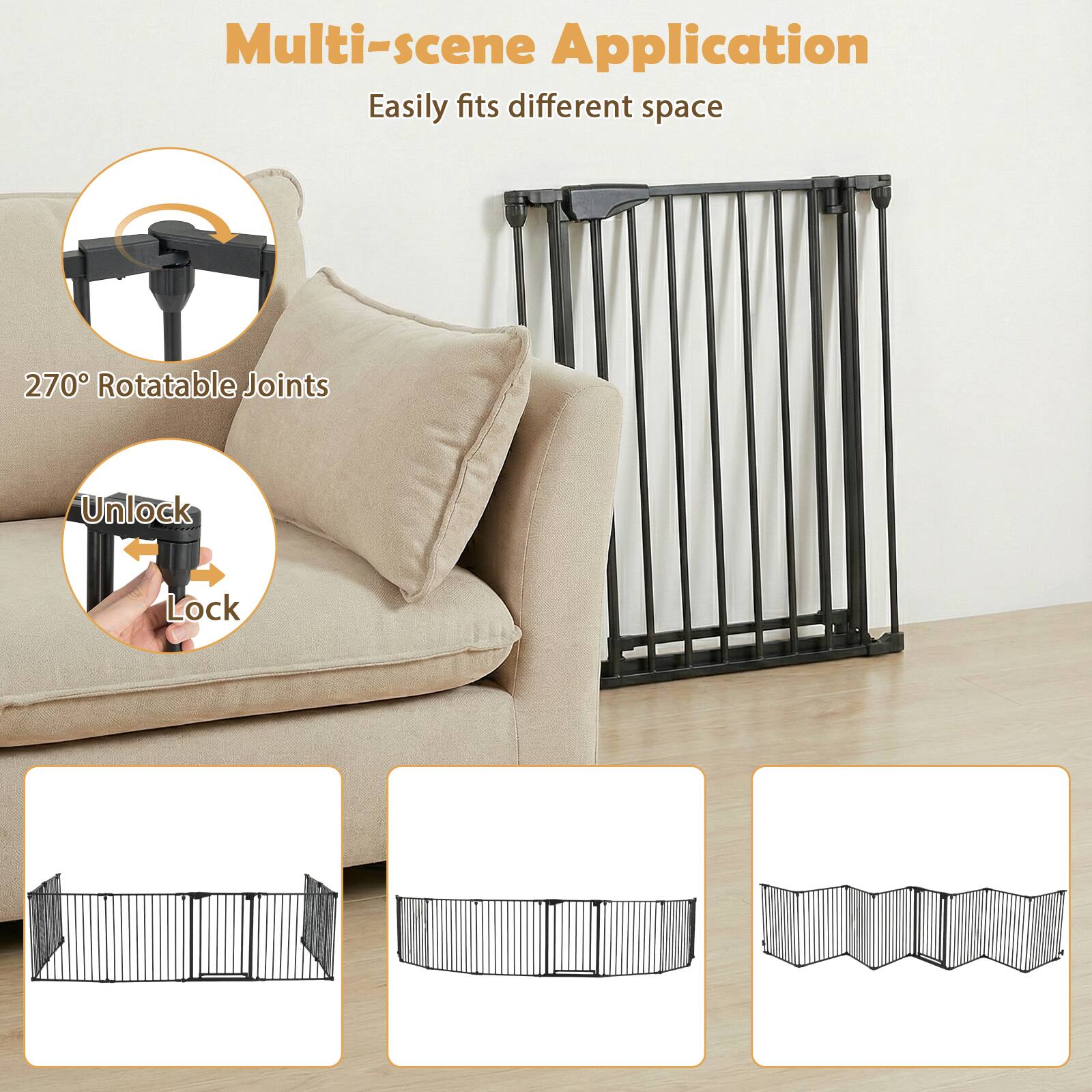 Multi-scene Application  
Easily fits different space  

270° Rotatable Joints  

Unlock  
Lock