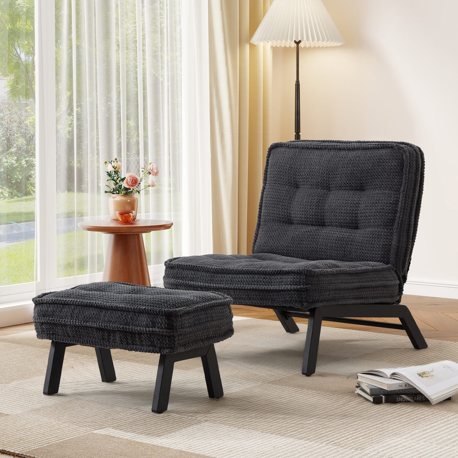 Bestier - Accent Chair with Adjustable Backrest, Tufted Lounge Chair with Ottoman, Upholstered Reclining Chair for Reading Room - Dark Gray
