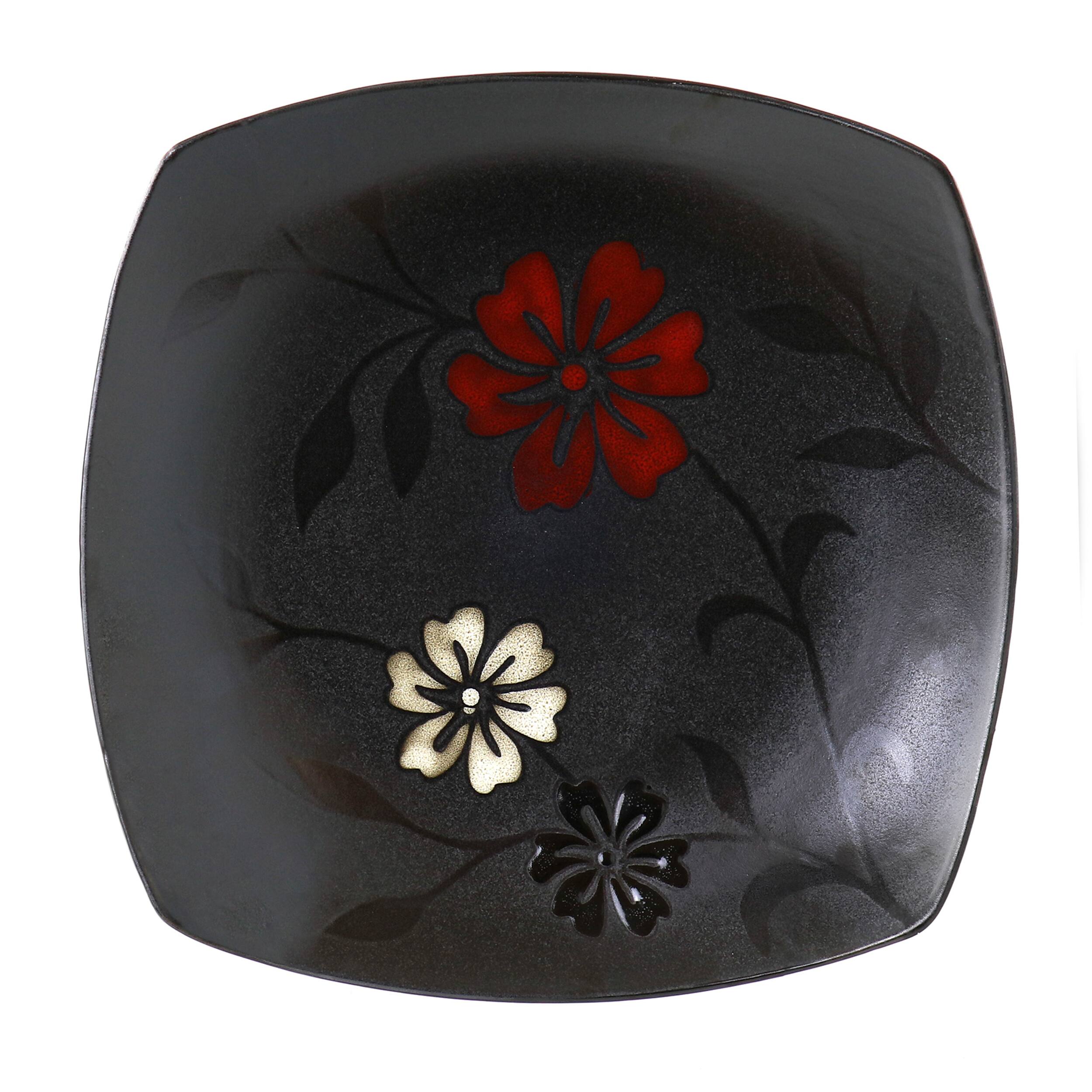 Alt View 1. Gibson - Hometrends Evening Blossom 4 Piece 8 Inch Square Stoneware Salad Plate Set in Black - Black.