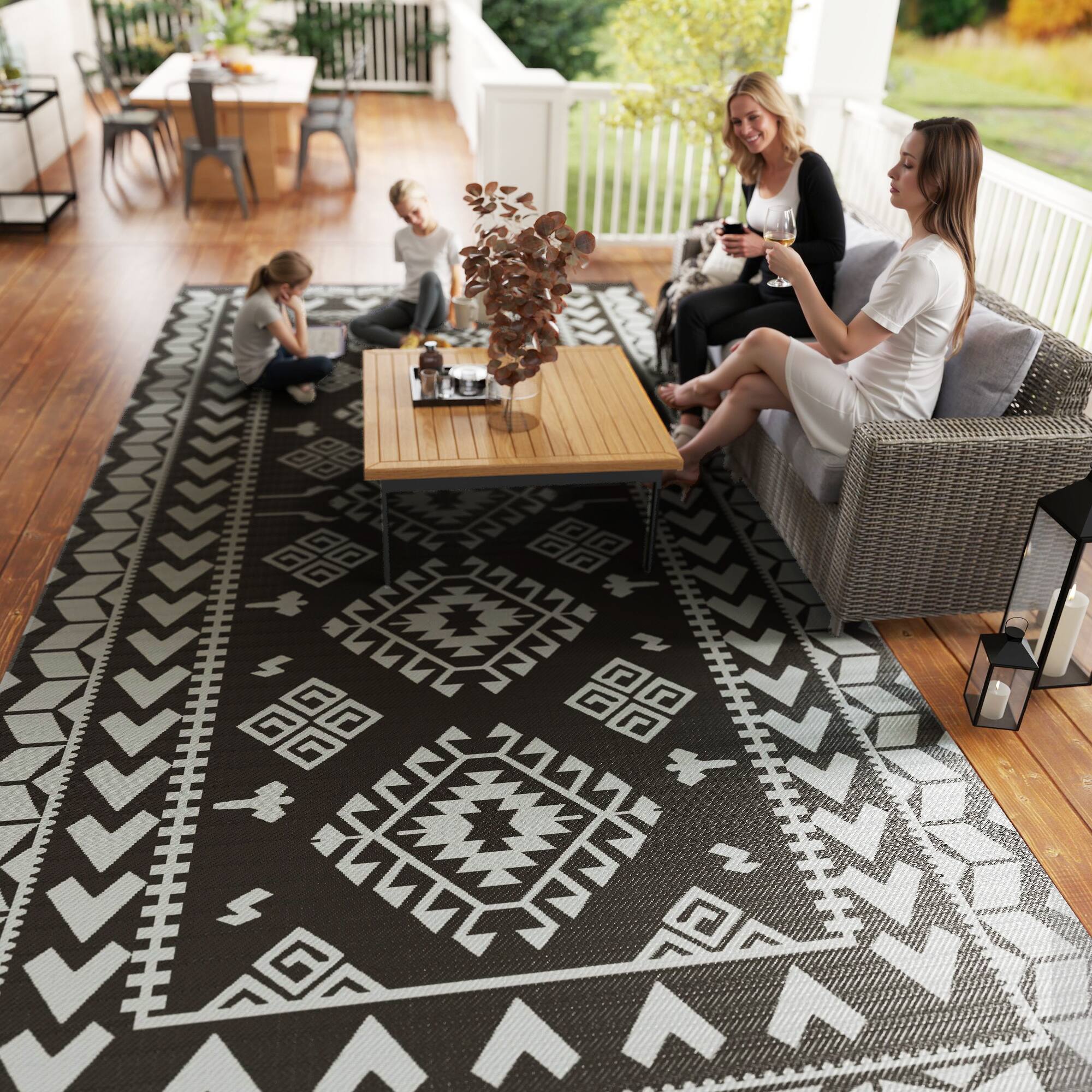 Alt View 8. Outsunny - Outdoor Rug for Patio, 9' x 18' Waterproof Large Mat, Reversible Plastic Straw Rug for Décor - Black and Gray Rhombus Patchwork.