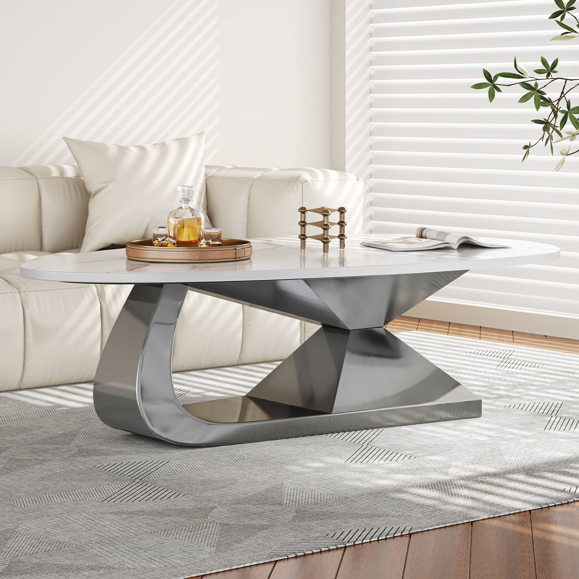 Left. Tiramisubest - Modern Sintered Stone Tabletop Coffee Table with Stainless Steel Base - Elegant and Durable Living Room Centerpiece - Dark Gray,White.