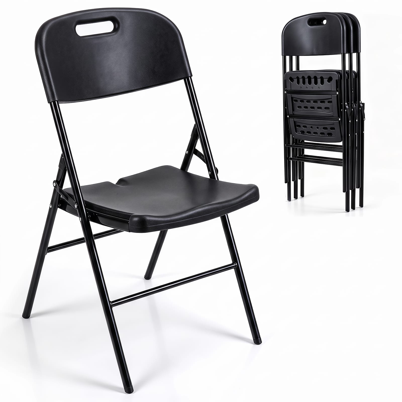Costway - Folding Plastic Chairs 4 Pack with HDPE Backrest & Seat, Steel Frame for Events - Black