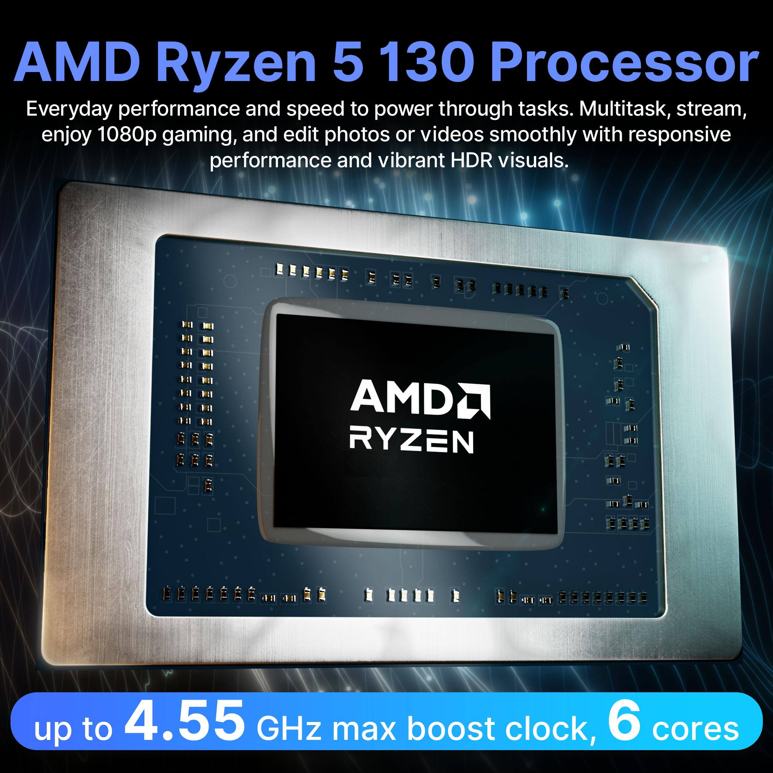 AMD Ryzen 5 130 Processor

Everyday performance and speed to power through tasks. Multitask, stream, enjoy 1080p gaming, and edit photos or videos smoothly with responsive performance and vibrant HDR visuals.

AMD Ryzen 5 130 Processor

up to 4.55 GHz max boost clock, 6 cores