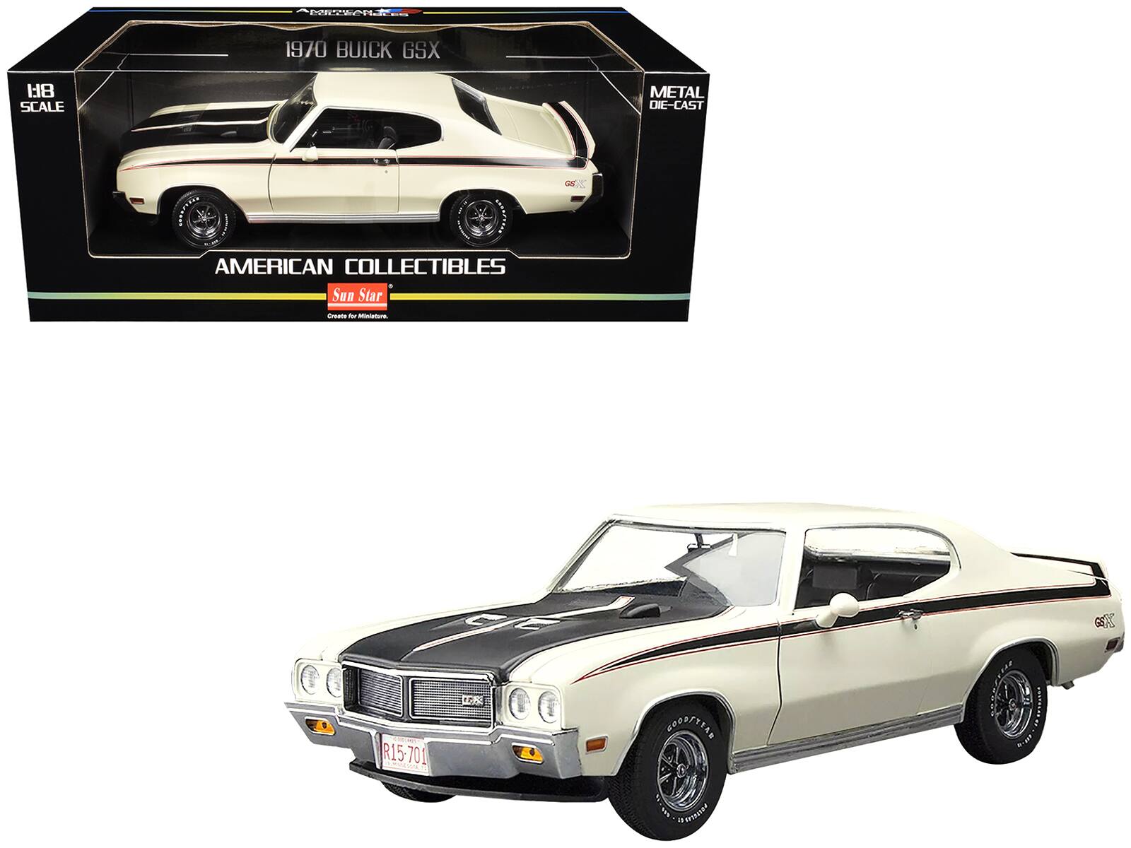 1970 BUICK GSX  
1:18 SCALE  
METAL DIE-CAST  
AMERICAN COLLECTIBLES Sun Star  
Create for Miniature.  
R15-701
