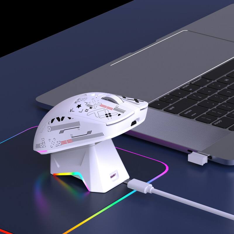 Angle. SKRAN - Tri-Mode Wireless Mouse: 12000 DPI, 6 Buttons,Magnetic RGB Charging Dock – Easy-to-Use for Gaming/Office - White.