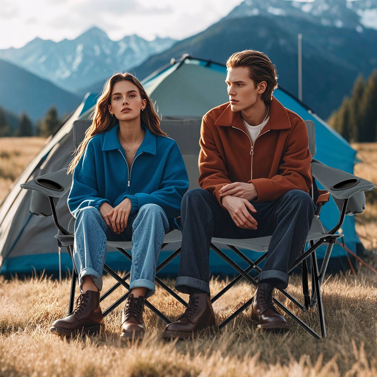 Alt View 4. Costway - Costway 2-Person Outdoor Folding Loveseat with Cup Holders Armrests Carrying Bag - Gray.