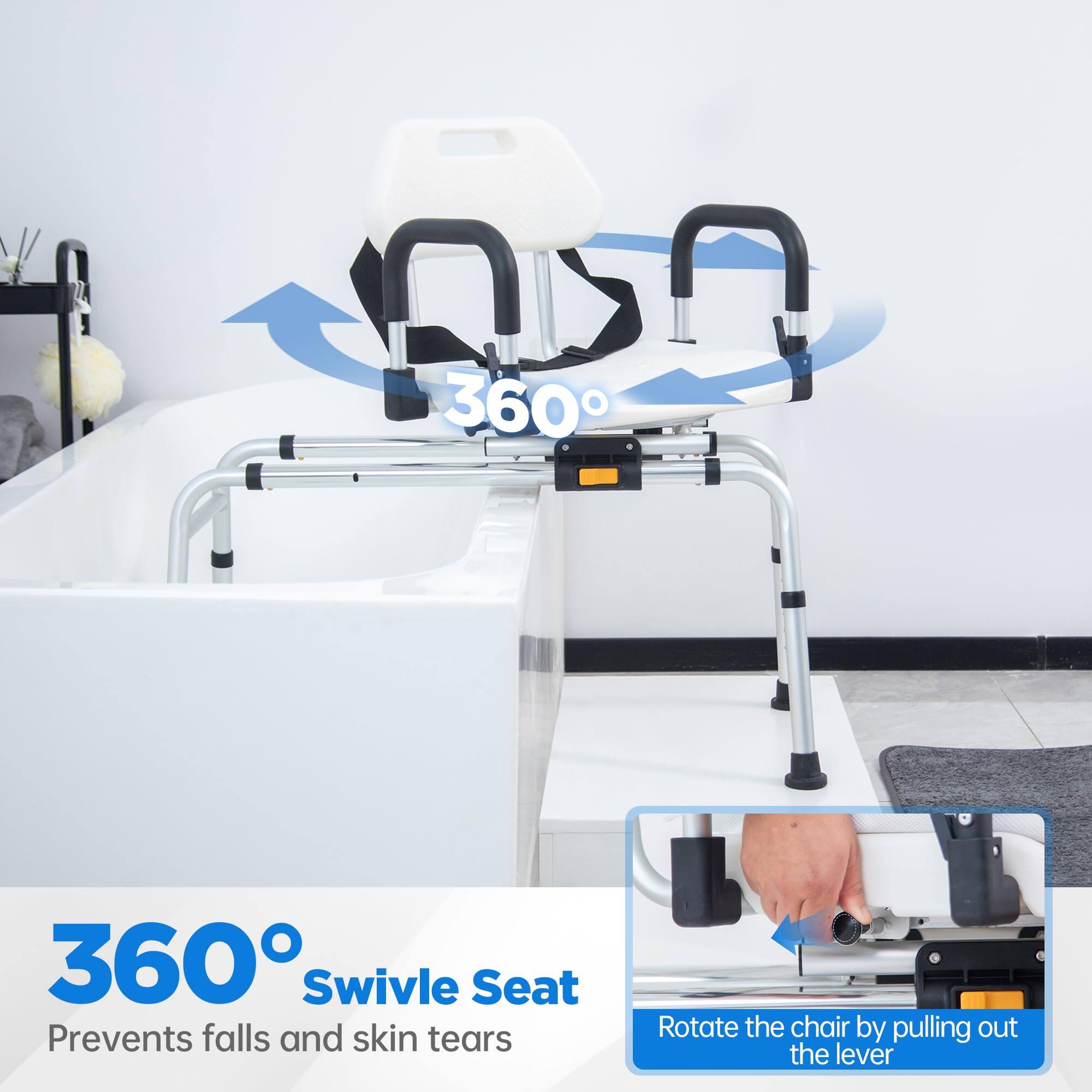 360° Swivel Seat  
Prevents falls and skin tears  

Rotate the chair by pulling out the lever