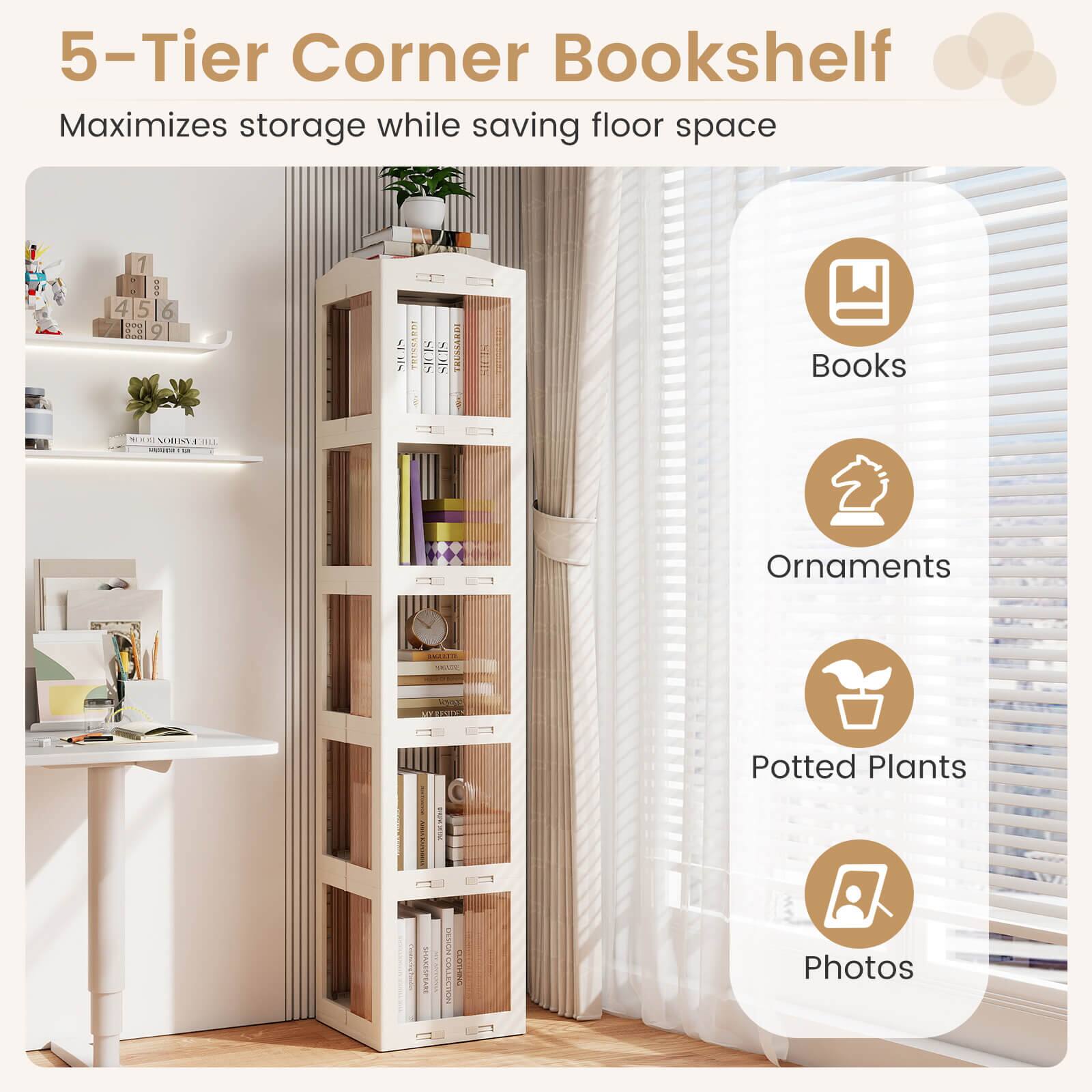 5-Tier Corner Bookshelf  
Maximizes storage while saving floor space

- Books
- Ornaments
- Potted Plants
- Photos