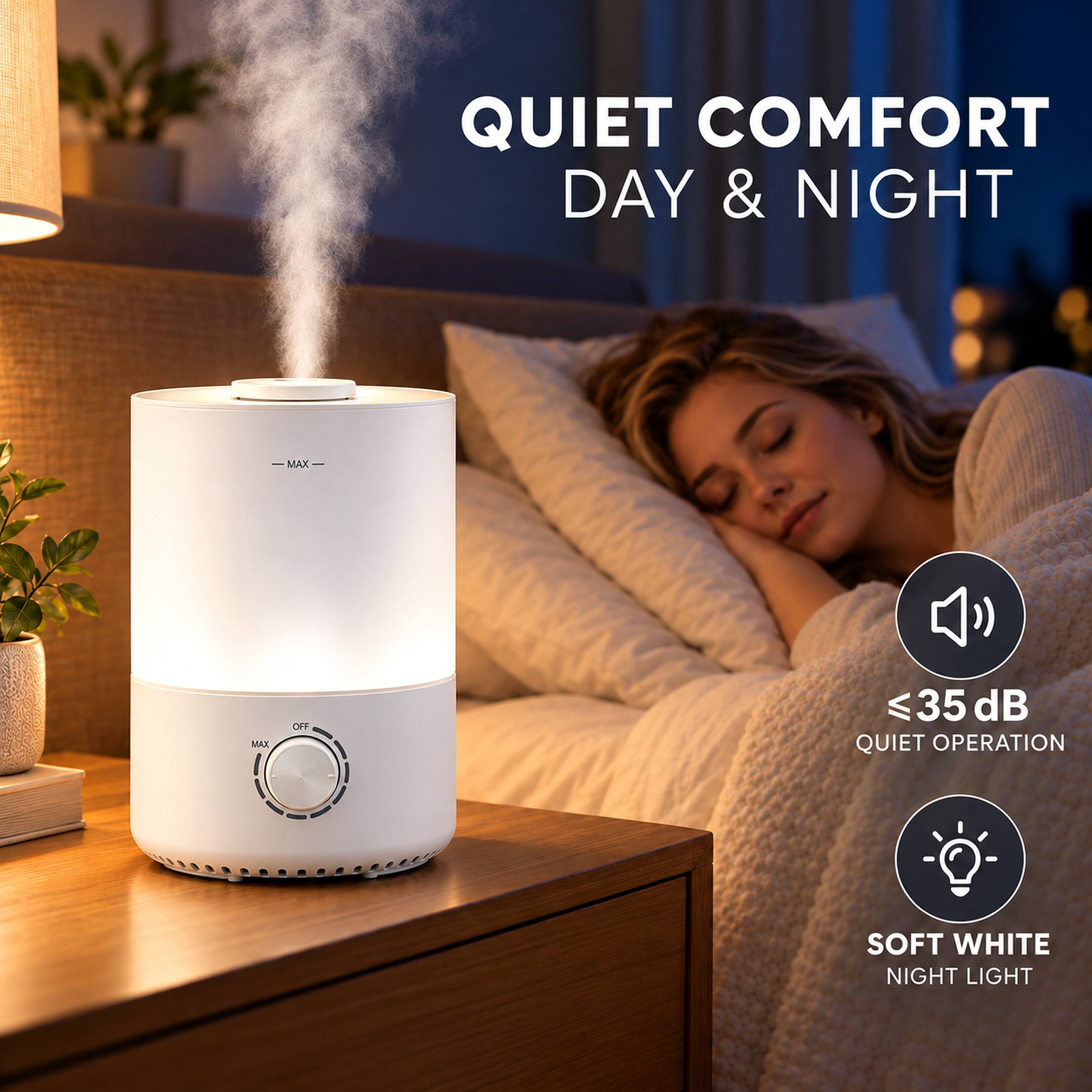 QUIET COMFORT DAY & NIGHT

- MAX -
MAX
OFF

≤ 35 dB QUIET OPERATION
SOFT WHITE NIGHT LIGHT