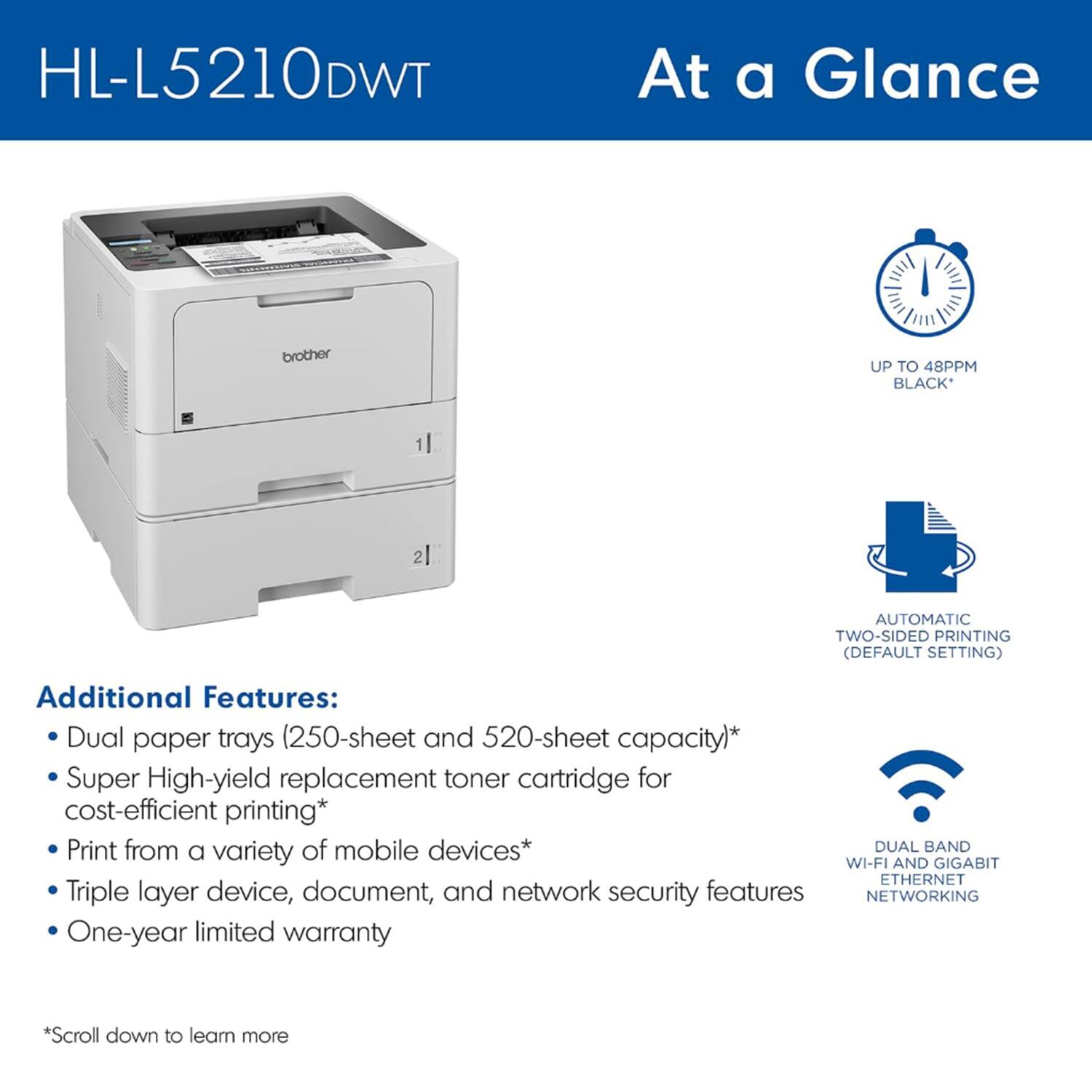HL-L5210DWT  
At a Glance  
brother  
UP TO 48PPM BLACK*  
AUTOMATIC TWO-SIDED PRINTING (DEFAULT SETTING)  

Additional Features:  
- Dual paper trays (250-sheet and 520-sheet capacity)*  
- Super High-yield replacement toner cartridge for cost-efficient printing*  
- Print from a variety of mobile devices*  
- Triple layer device, document, and network security features  
- One-year limited warranty  

*DUAL BAND WI-FI AND GIGABIT ETHERNET NETWORKING  

*Scroll down to learn more