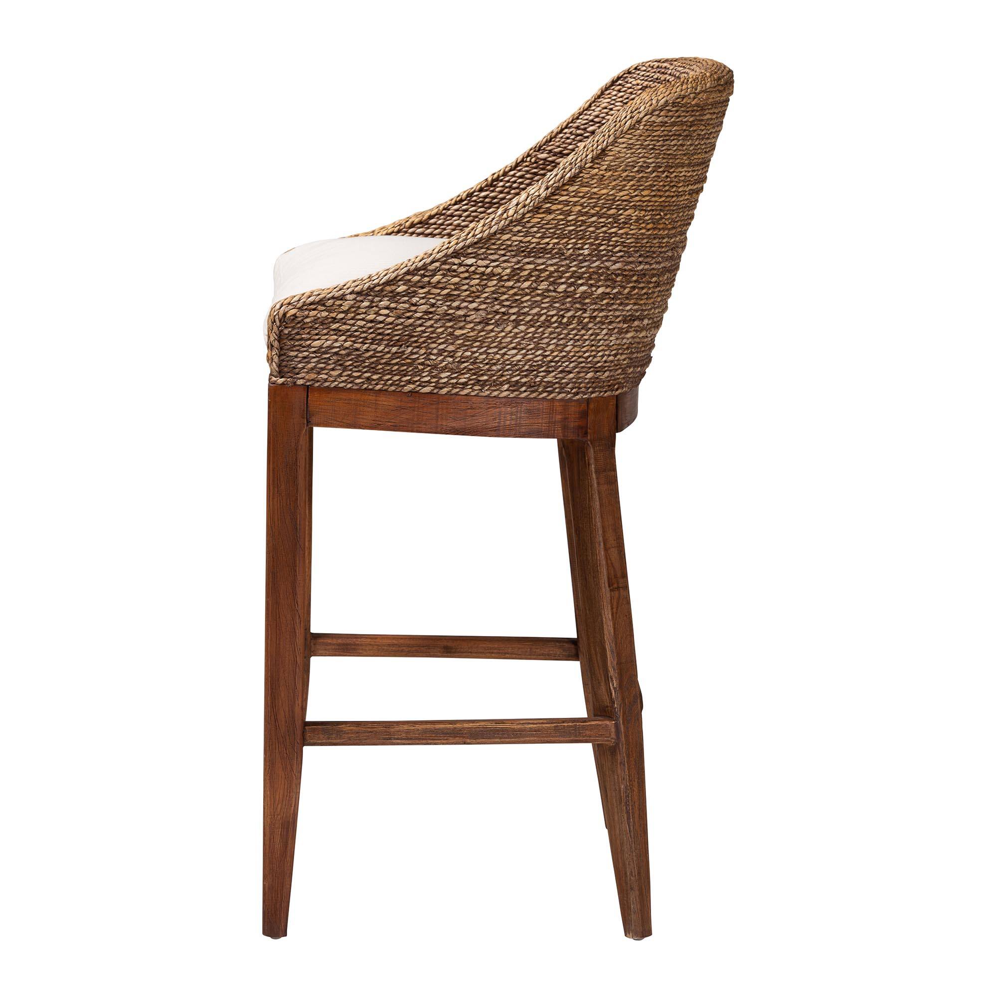 Left. bali & pari - Jasper Seagrass Bar Stool with Mahogany Wood Frame - Seating with Woven Wingback and Cushioned Seat - Brown Wash.