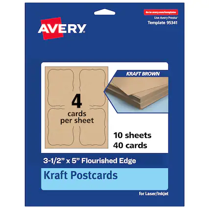 Go to avery.com/templates
Use Avery Presta Template 95341
KRAFT BROWN
4 cards per sheet
10 sheets 40 cards
3-1/2" x 5" Flourished Edge Kraft Postcards for Laser/Inkjet