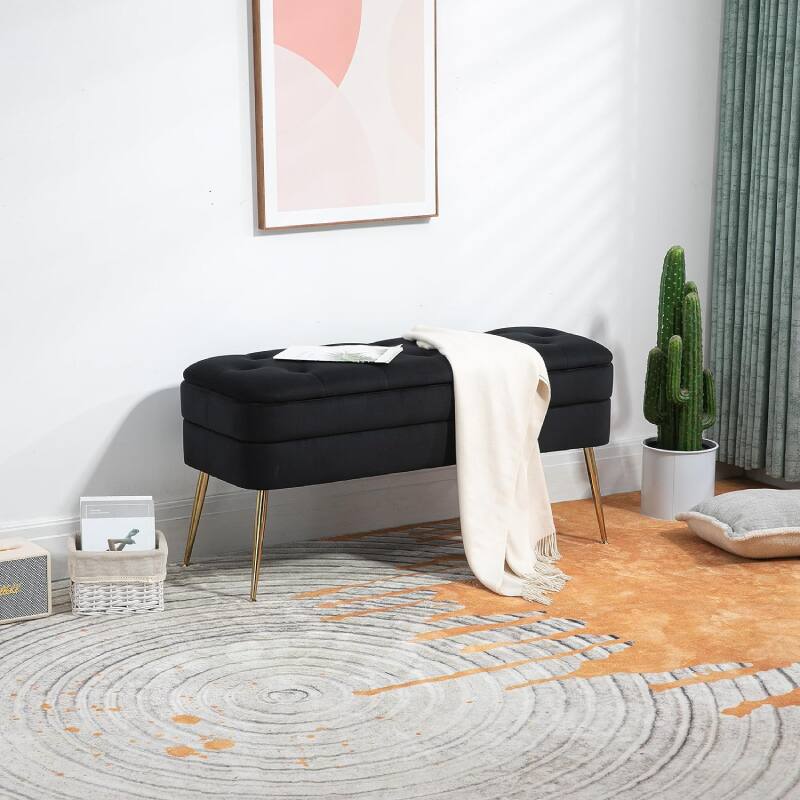 Alt View 3. Lumina Wise - Upholstered Velvet Storage Ottoman Bench - Black.