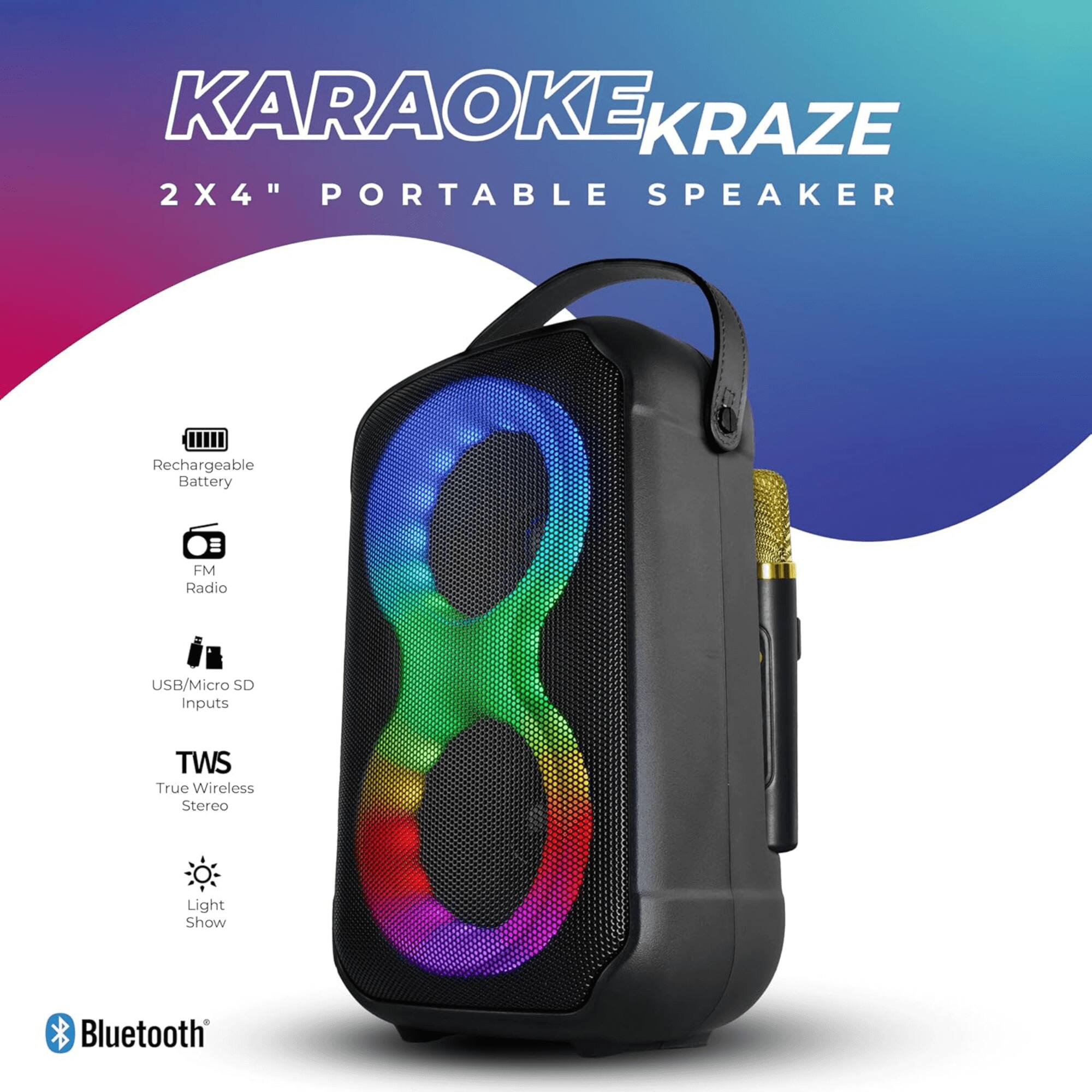 KARAOKE KRAZE  
2X4" PORTABLE SPEAKER  

- Rechargeable Battery  
- FM Radio  
- USB/Micro SD Inputs  
- TWS True Wireless Stereo  
- Light Show  

Bluetooth
