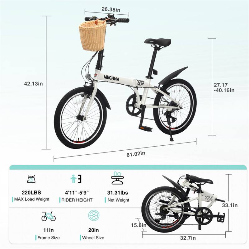 26.38in  
42.13in  
27.17 - 40.16in  
61.02in  

220LBS MAX Load Weight  
4'11" - 5'9" RIDER HEIGHT  
31.31lbs Net Weight  

11in Frame Size  
20in Wheel Size  
15.8in  
32.7in  
33.1in