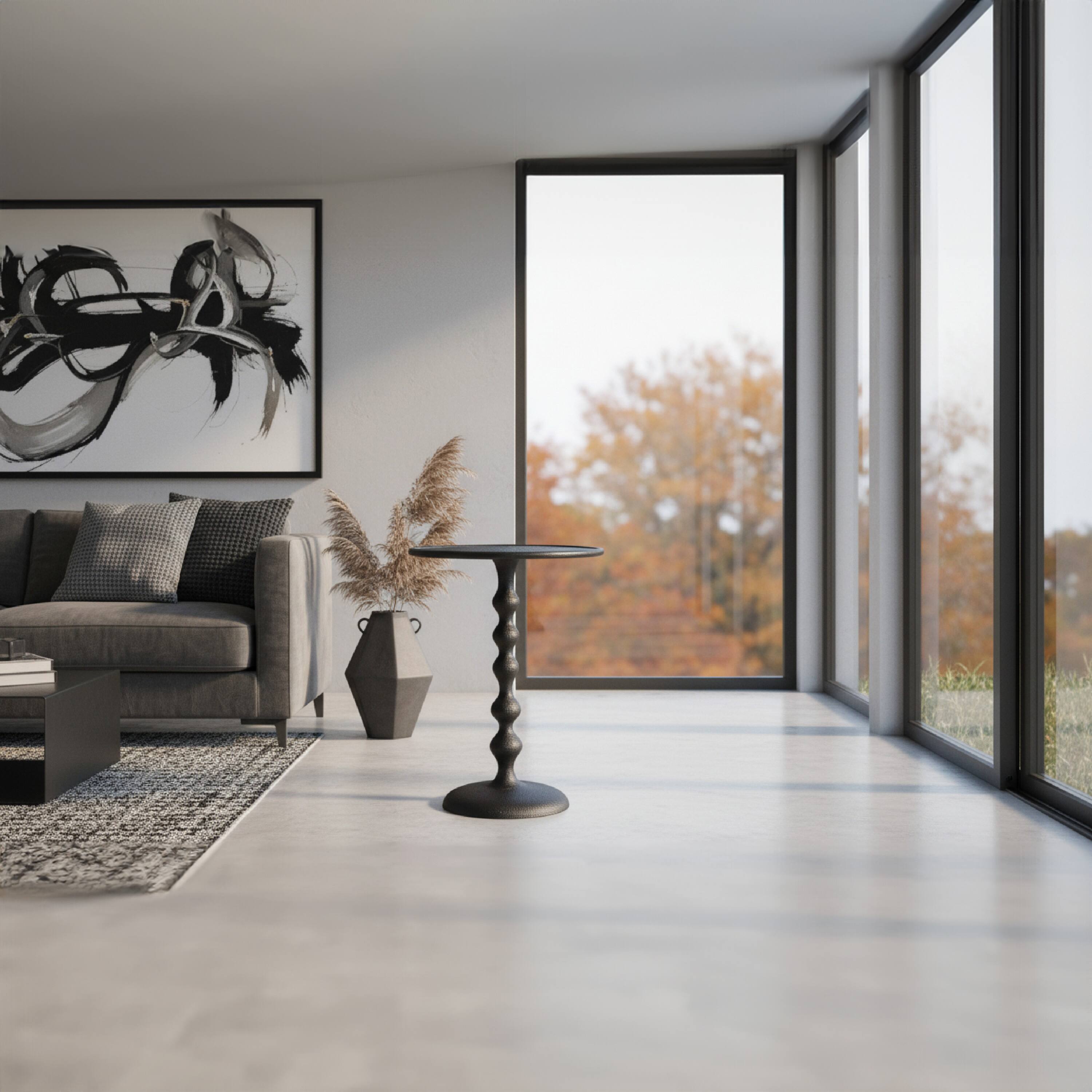 Alt View 10. Manhattan Lane - Shae 22 Inch Round Side End Table, Hammered Texture, Turned Pedestal Post - Black.