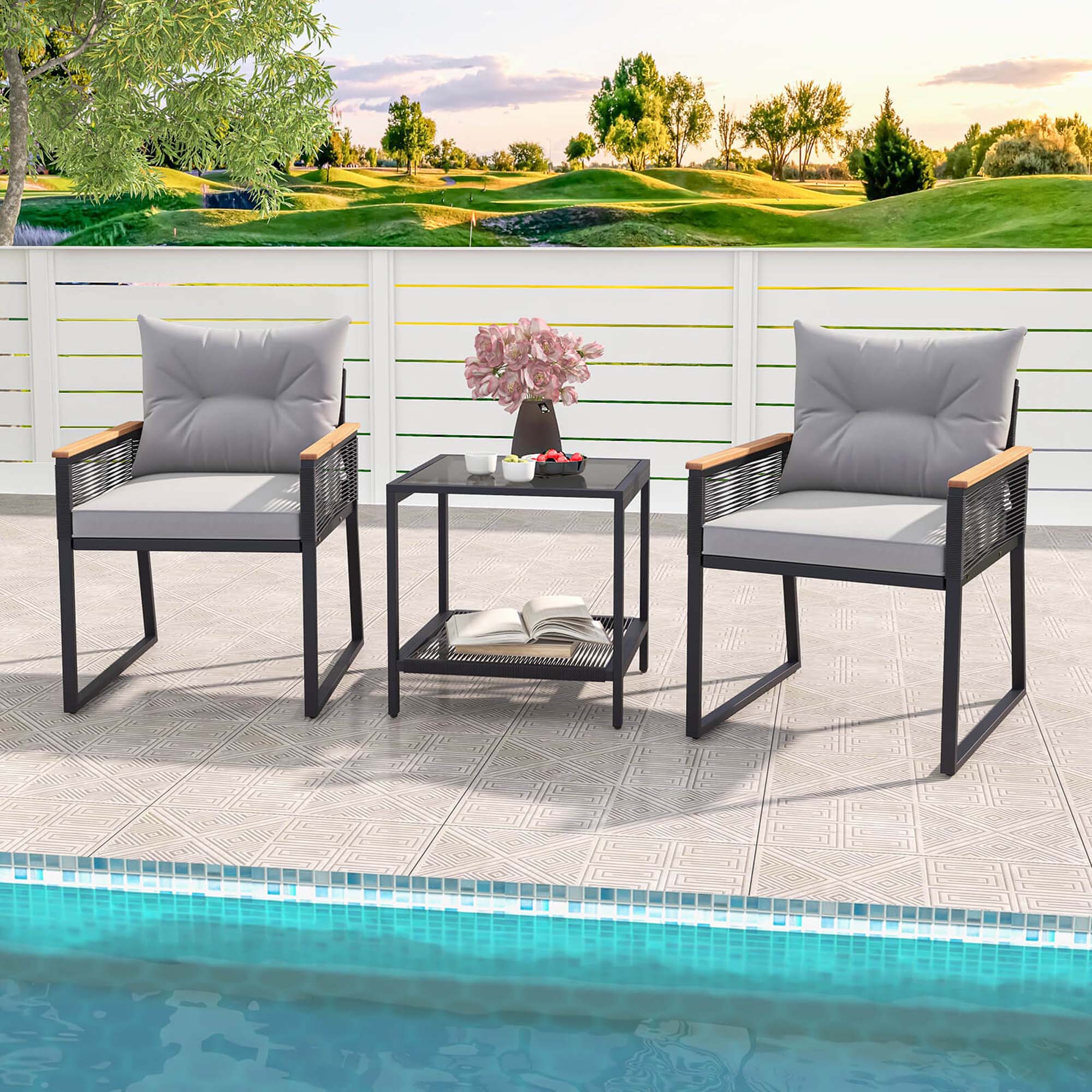 Alt View 4. Costway - Costway 3 PCS Outdoor Conversation Set with 2-Layer Side Table Acacia Wood Armrests - Black,Gray.