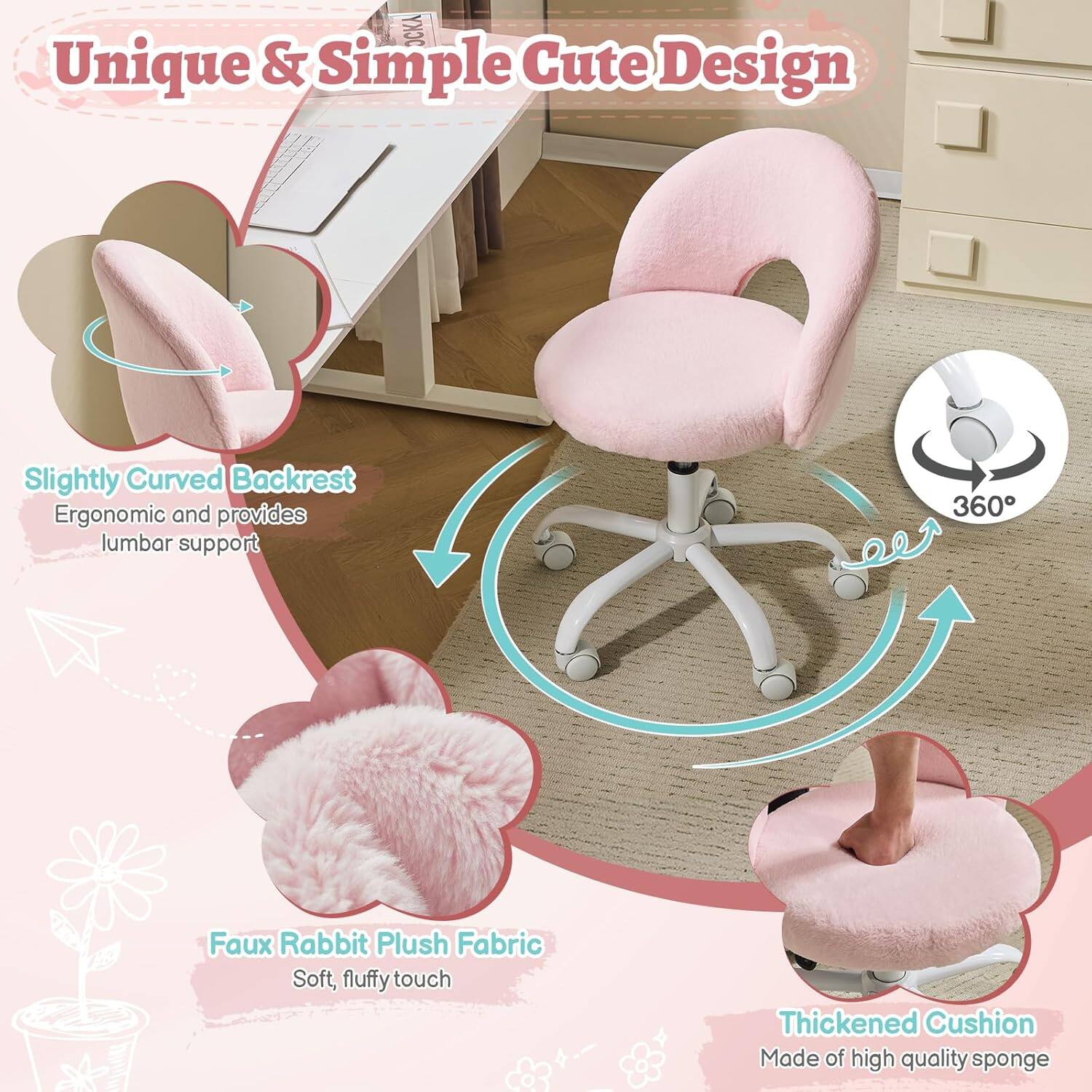 Unique & Simple Cute Design

Slightly Curved Backrest
Ergonomic and provides lumbar support

Faux Rabbit Plush Fabric
Soft, fluffy touch

Thickened Cushion
Made of high quality sponge
