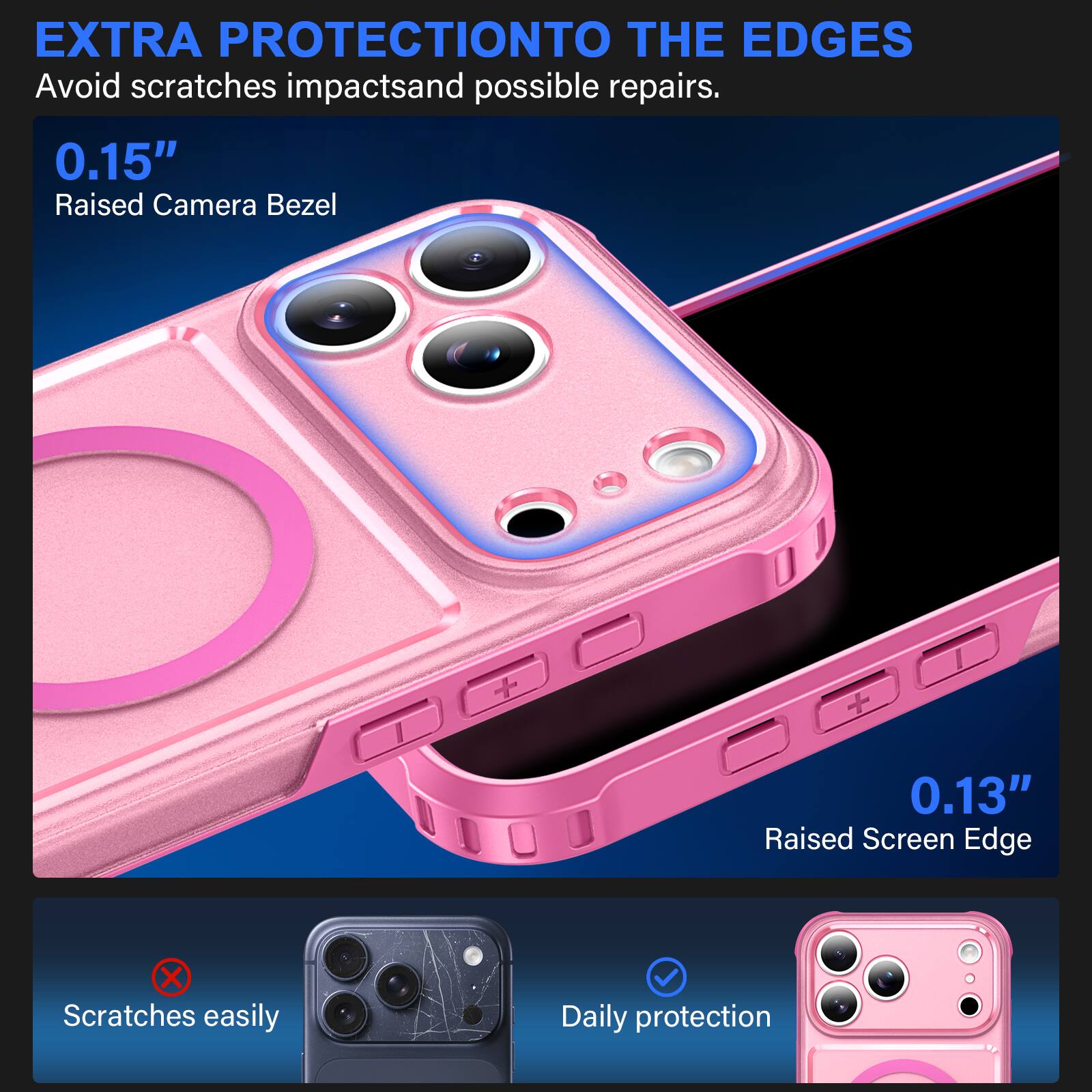 EXTRA PROTECTION TO THE EDGES  
Avoid scratches, impacts, and possible repairs.  

0.15" Raised Camera Bezel  
0.13" Raised Screen Edge  

Scratches easily  
Daily protection
