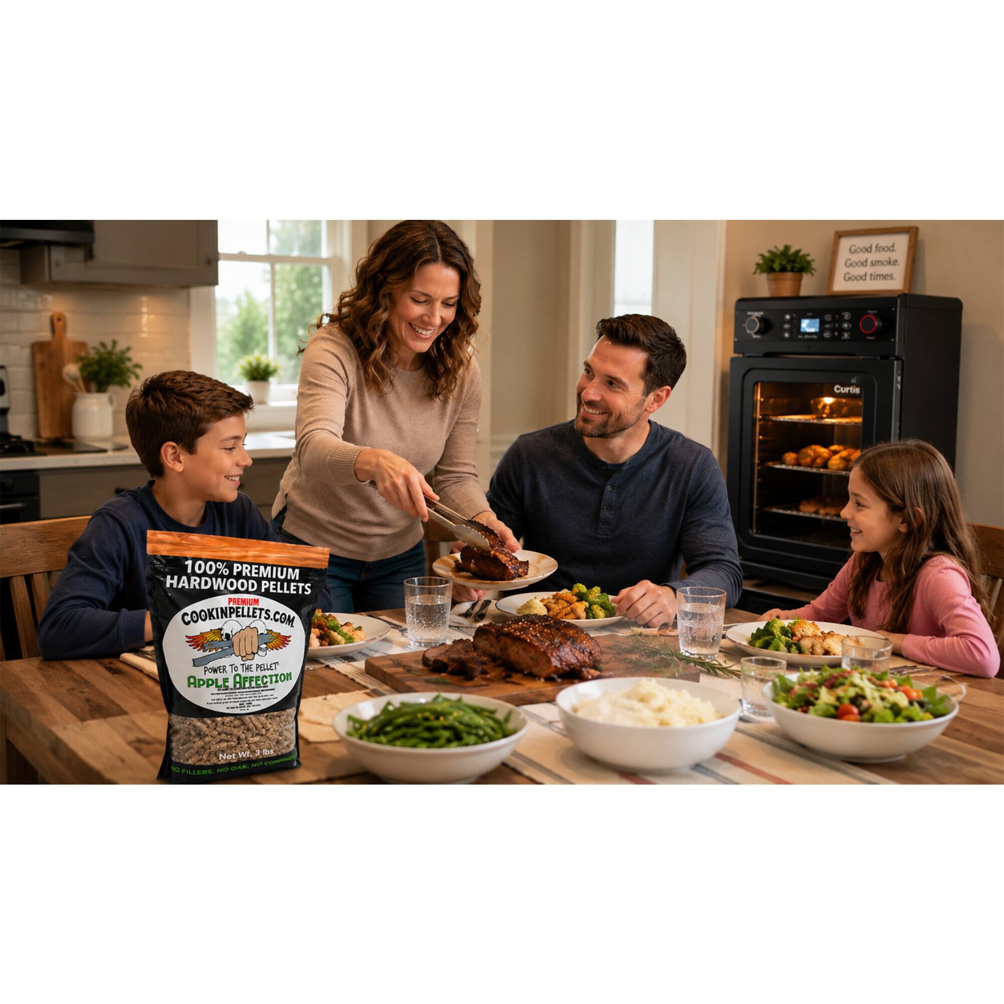 Good food, Good smoke, Good times.  
Curtis 100% PREMIUM HARDWOOD PELLETS  
COOKINPELLETS.COM  
POWER TO THE PELLET APPLE AFFECTION  
Net Wt. 40 lbs