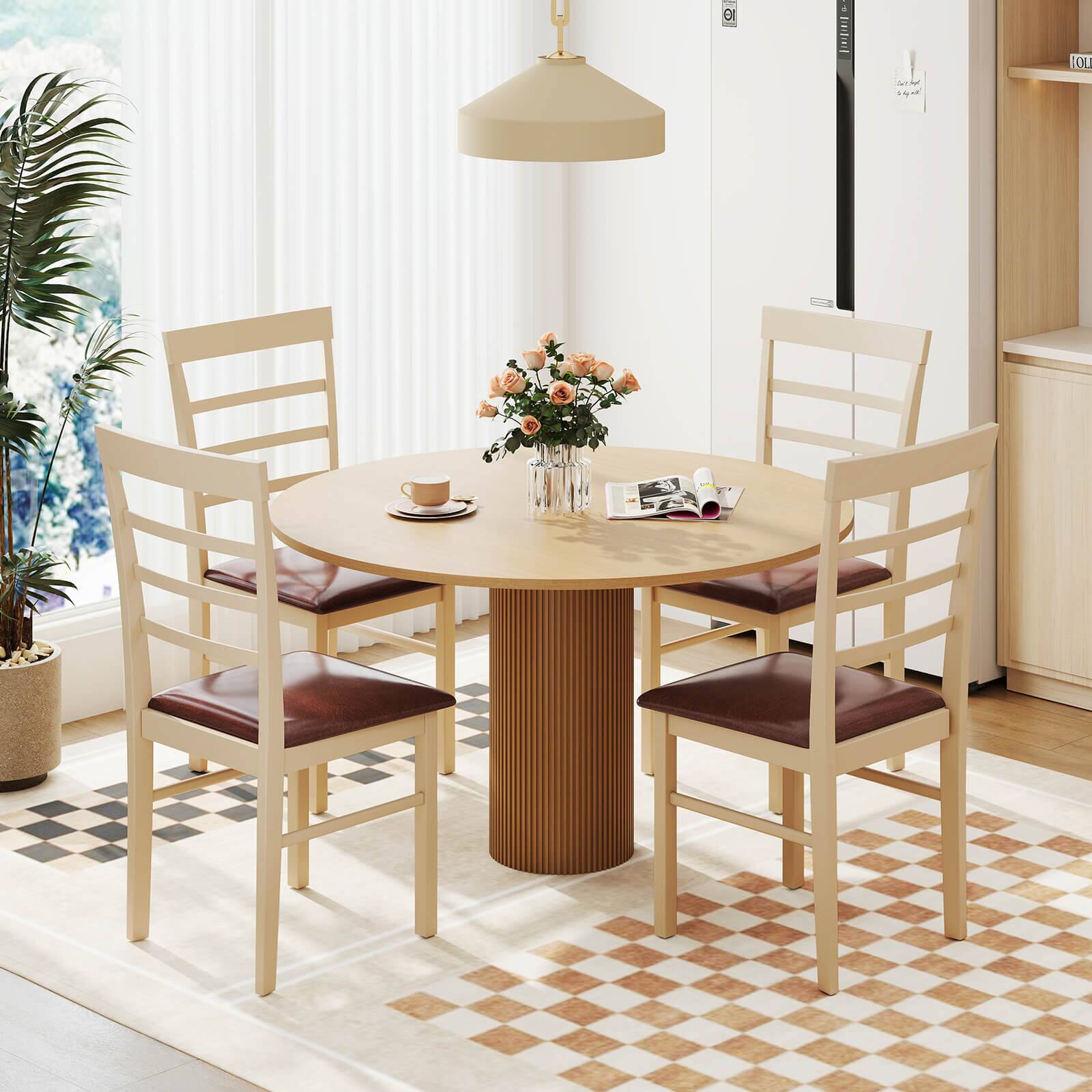 Alt View 1. Costway - Costway Wooden dining chair set of 4 with rubber wood frame padded seat for kitchen - White+Brown.