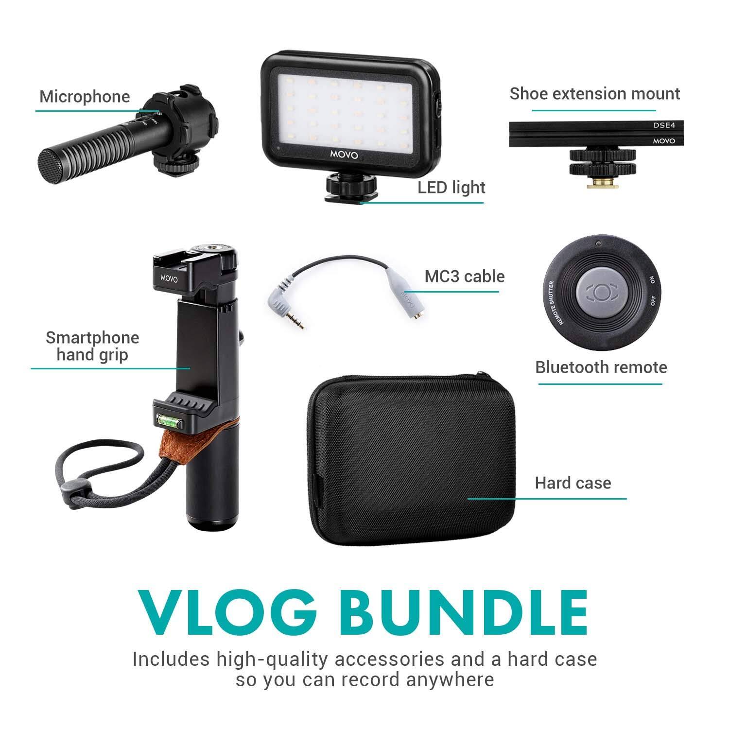VLOG BUNDLE

Includes high-quality accessories and a hard case so you can record anywhere

- Microphone
- LED light
- Shoe extension mount (DSE4)
- Smartphone hand grip
- MC3 cable
- Bluetooth remote
- Hard case