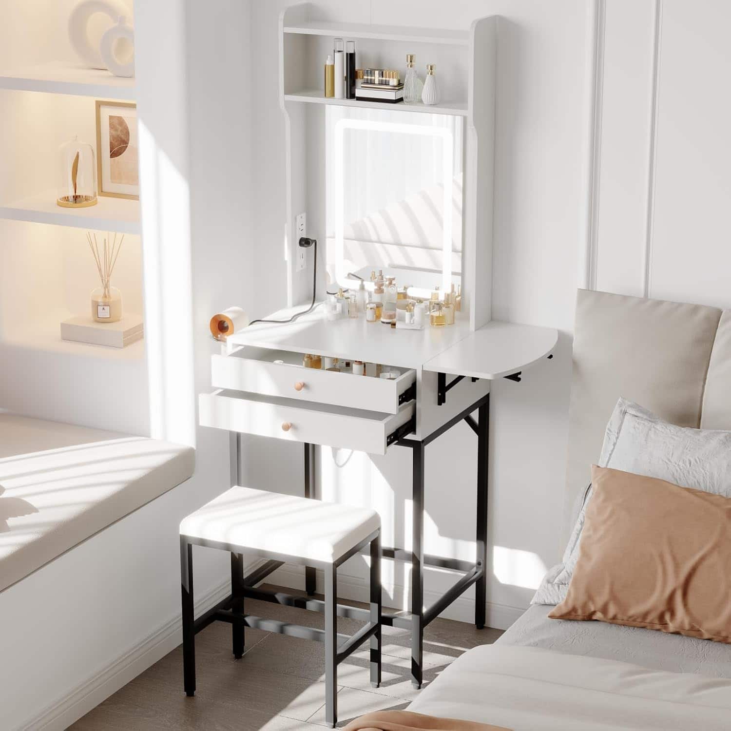 GARVEE - Small Makeup Vanity Desk Set with Tri-Color LED Mirror, Foldable Panel, 2 Drawers, Hair Dryer Holder, Stool - Black