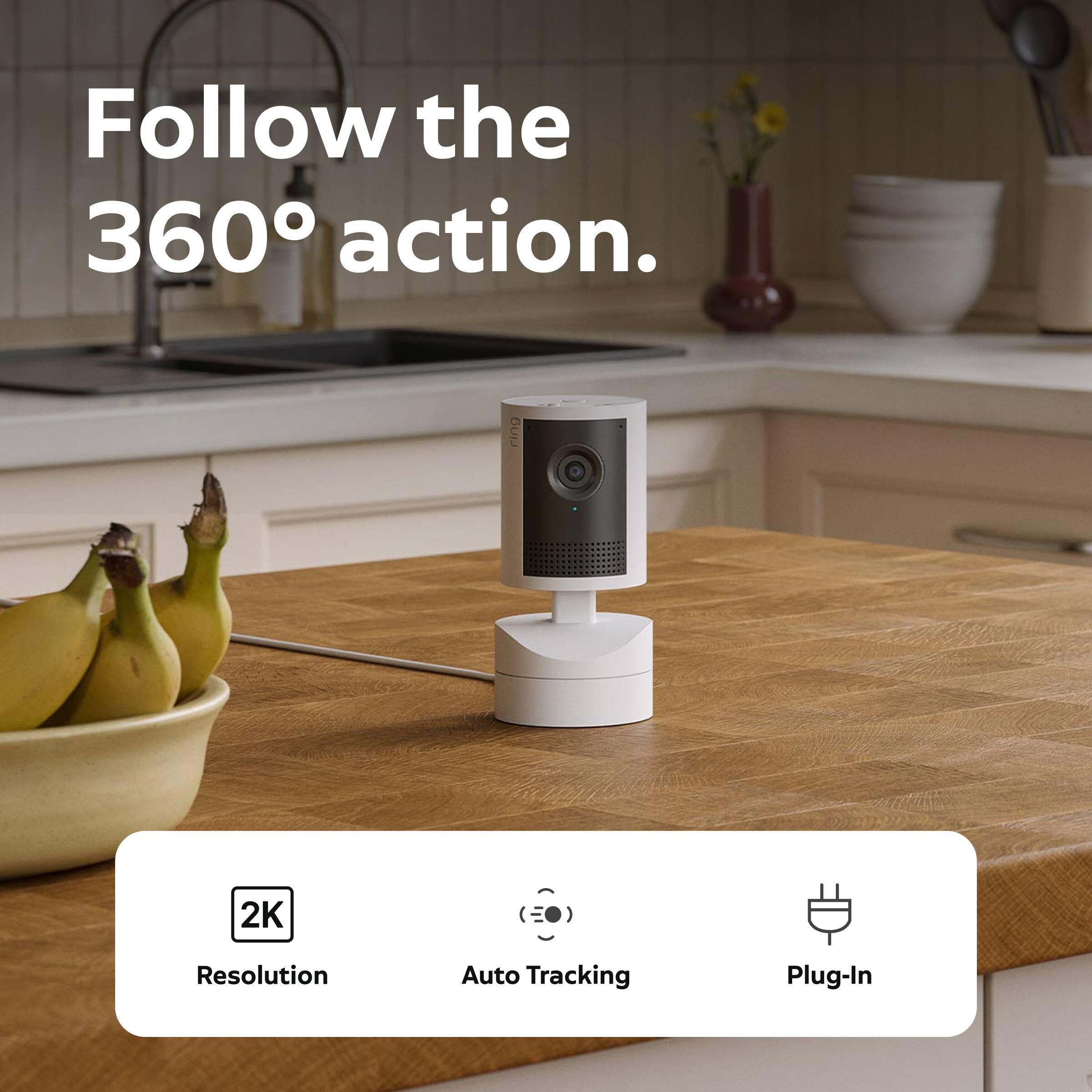 Ring Smart Pan Tilt Indoor Cam,Retinal 2K Video,Plug In, 360°Coverage ...